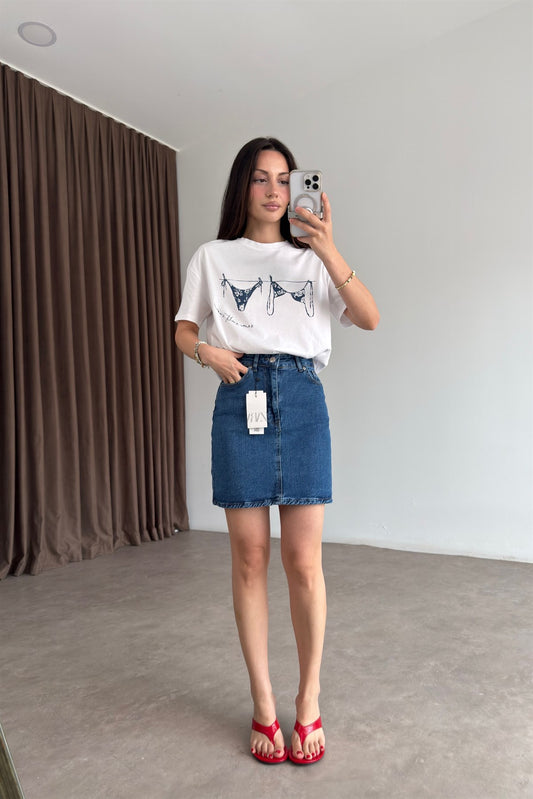 Zra Denim Mid Blue Kısa Etek
