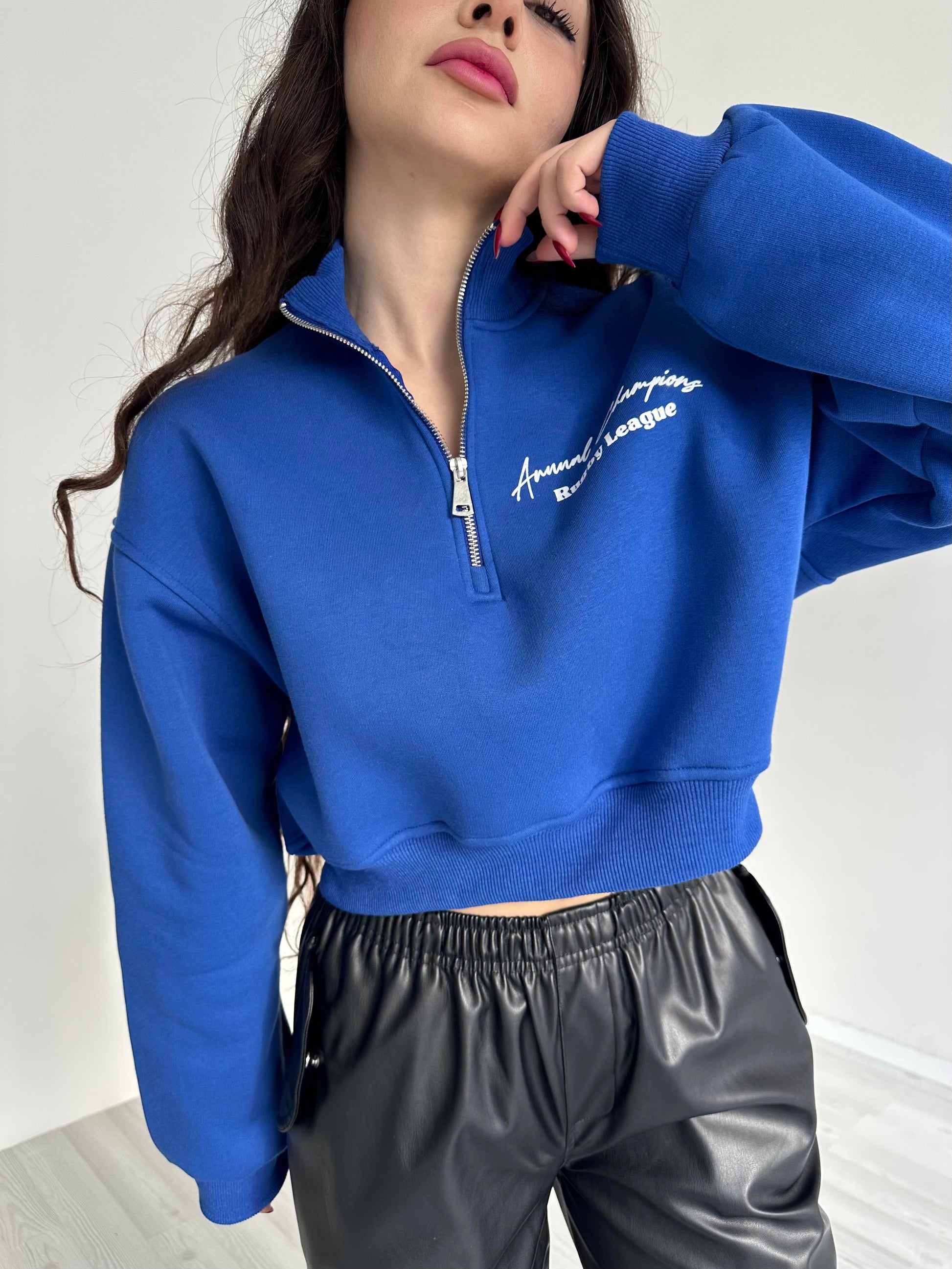 Fermuarlı Yakalı Mavi  Zr. Sweatshirt