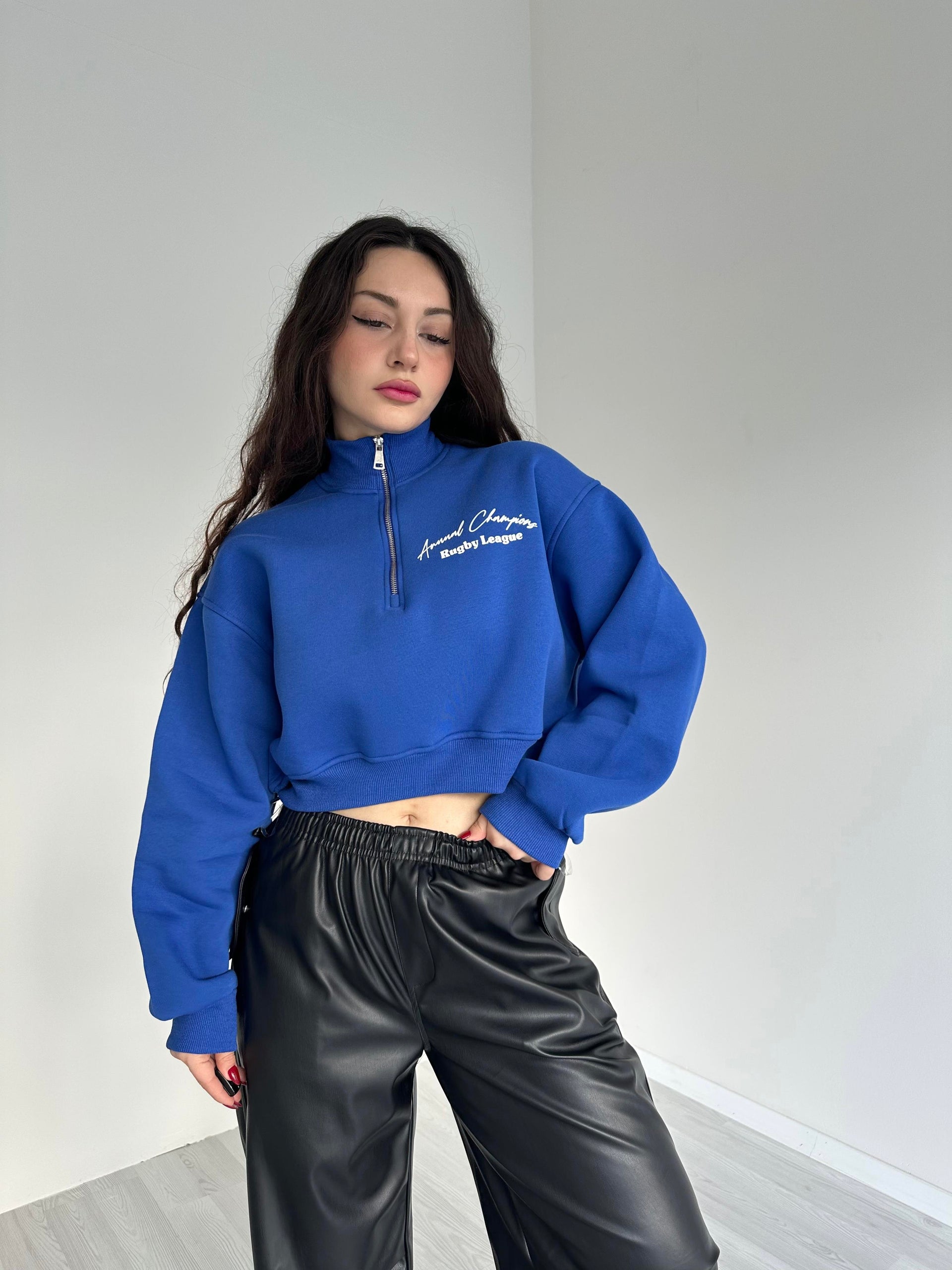 Fermuarlı Yakalı Mavi  Zr. Sweatshirt