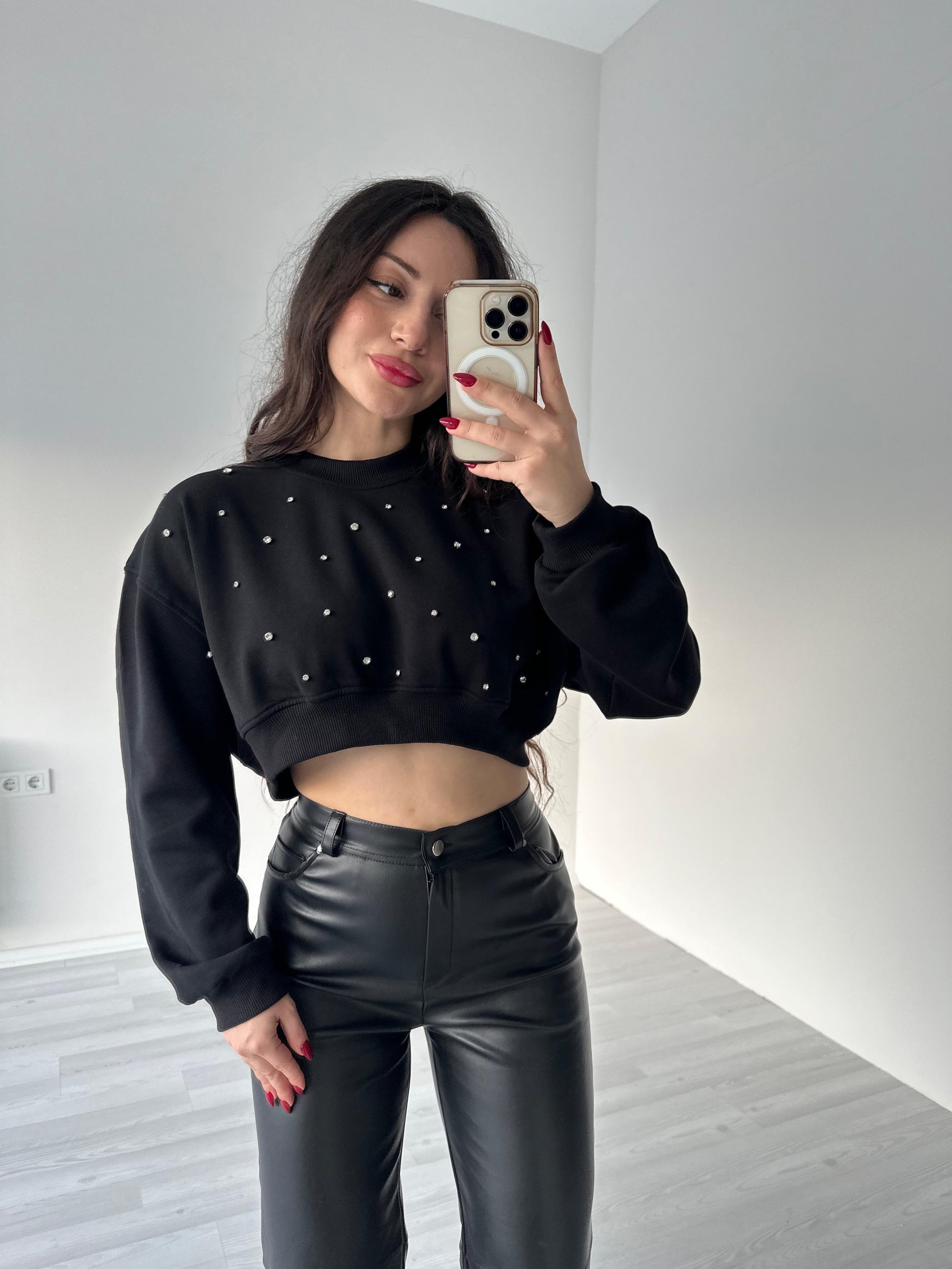 Kristal Taşlı Siyah Zr Sweatshirt