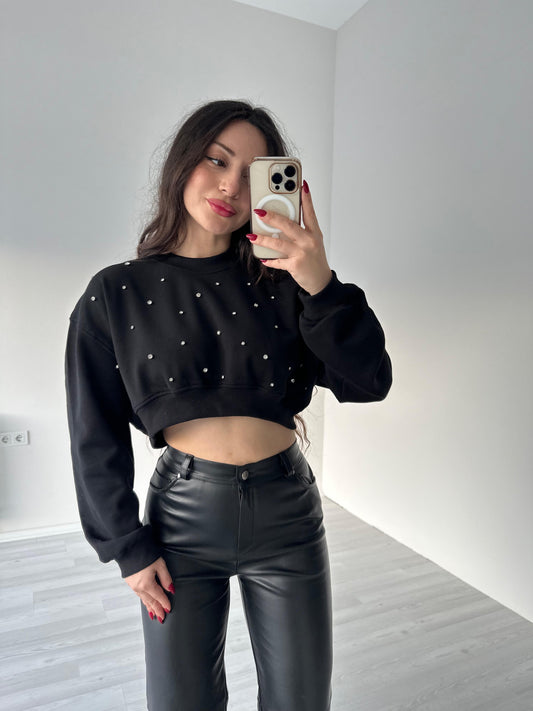Kristal Taşlı Siyah Zr Sweatshirt