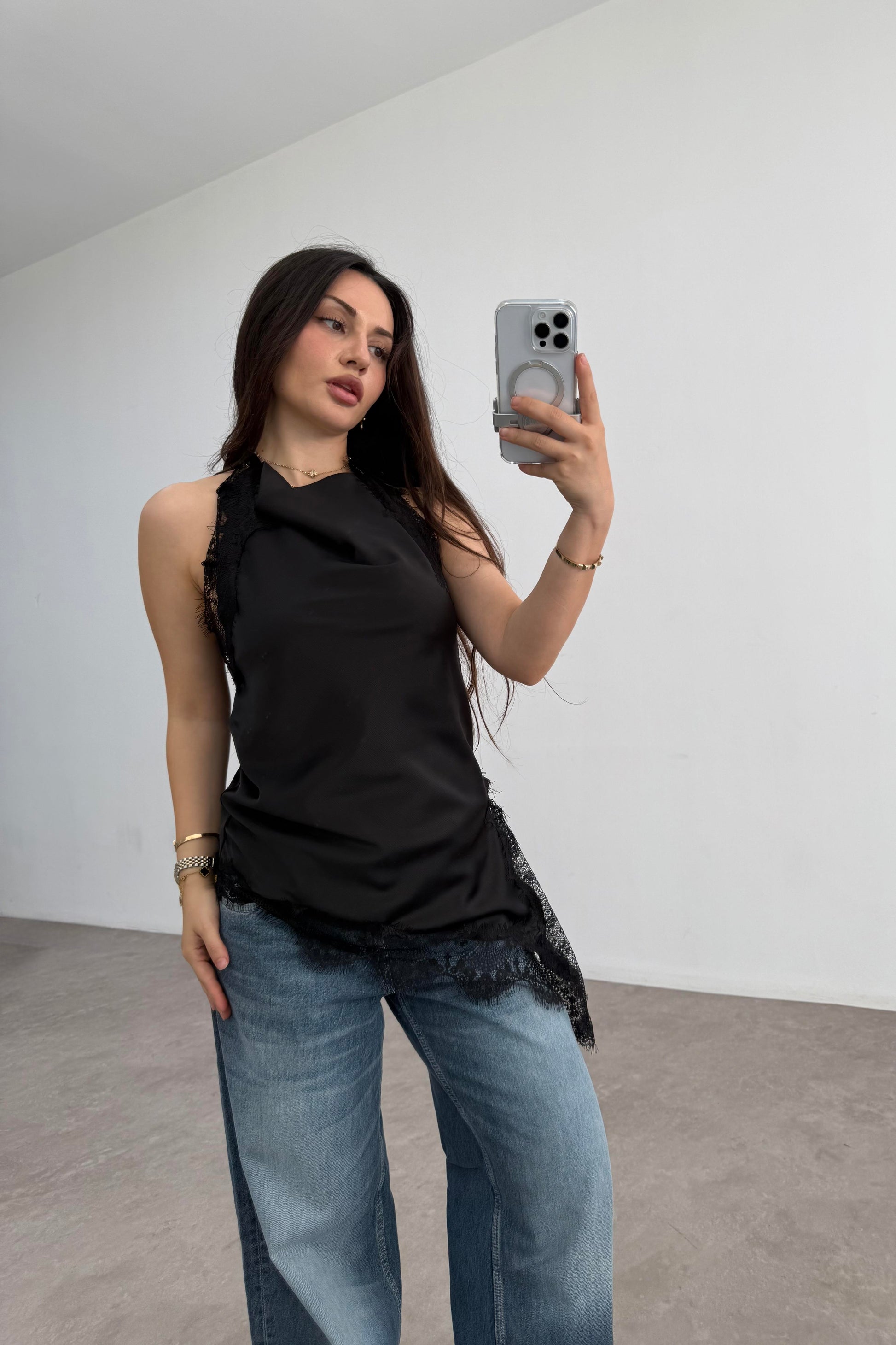 Zra Model Dantelli Şal Yaka Siyah Bluz