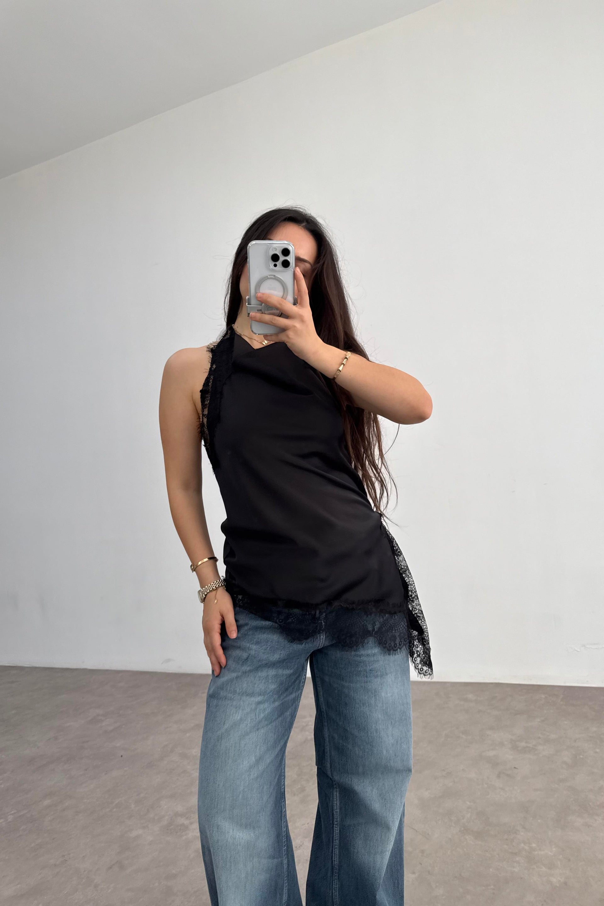 Zra Model Dantelli Şal Yaka Siyah Bluz