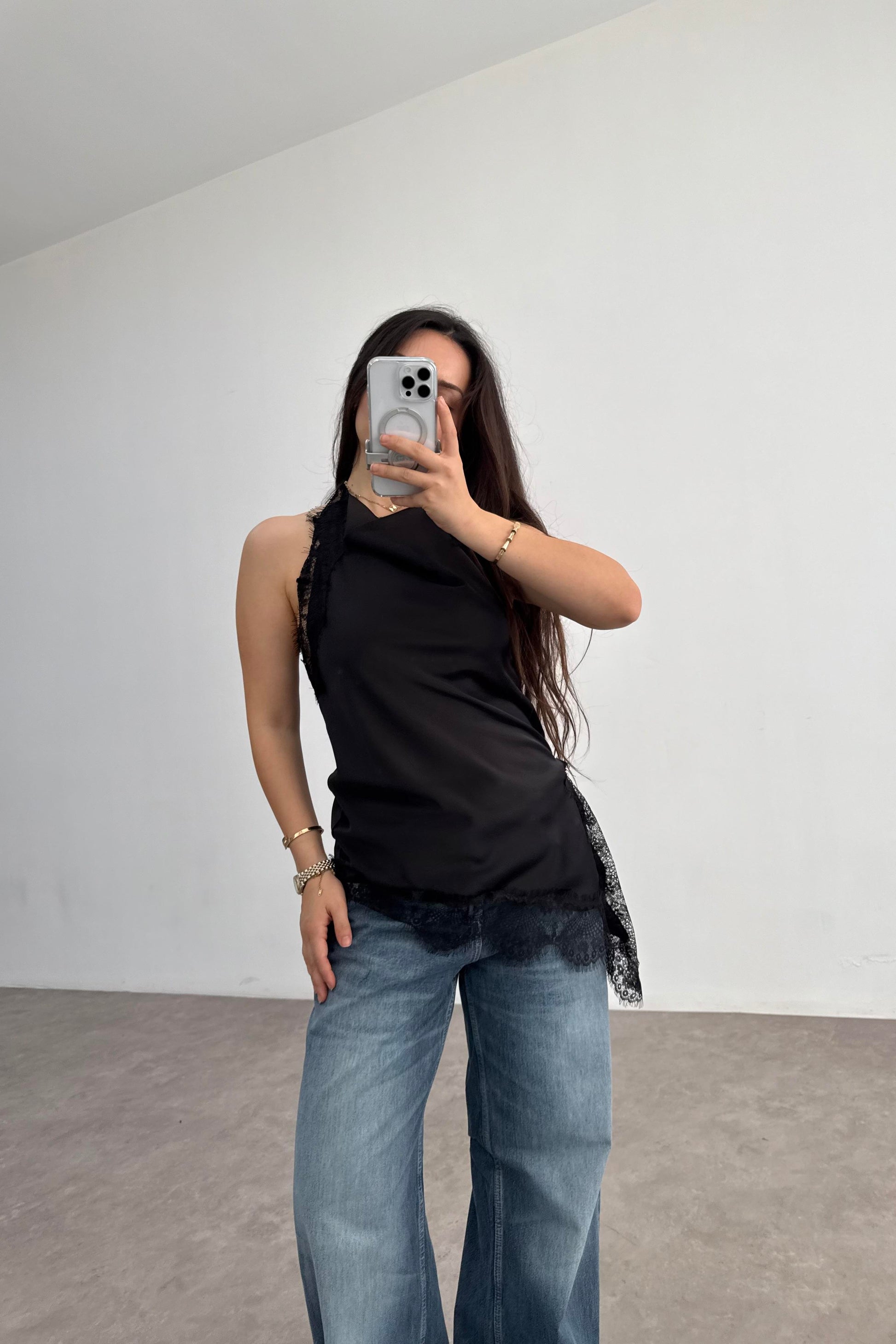Zra Model Dantelli Şal Yaka Siyah Bluz