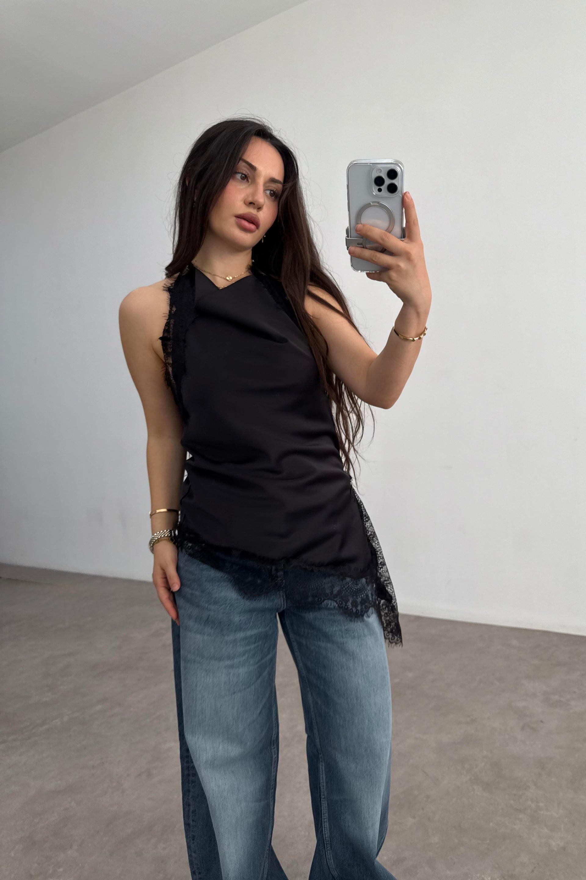 Zra Model Dantelli Şal Yaka Siyah Bluz