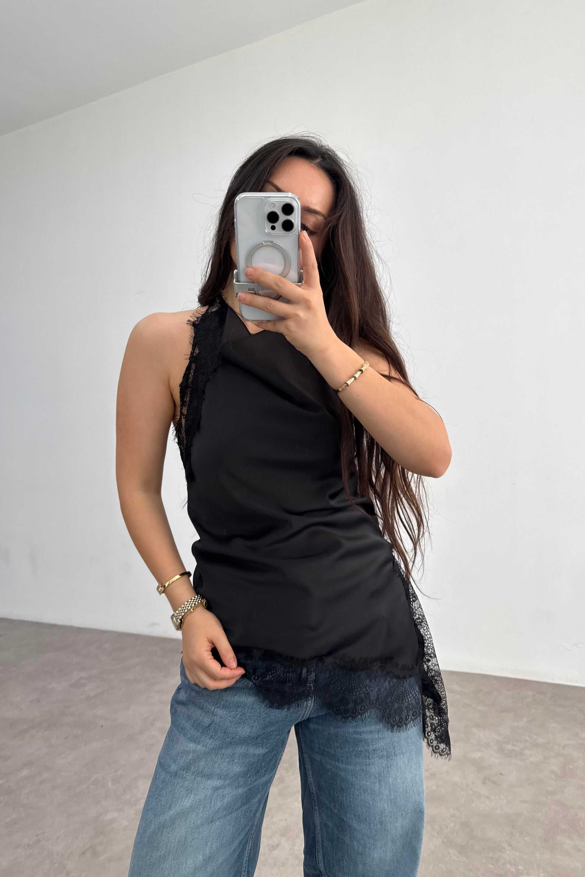 Zra Model Dantelli Şal Yaka Siyah Bluz