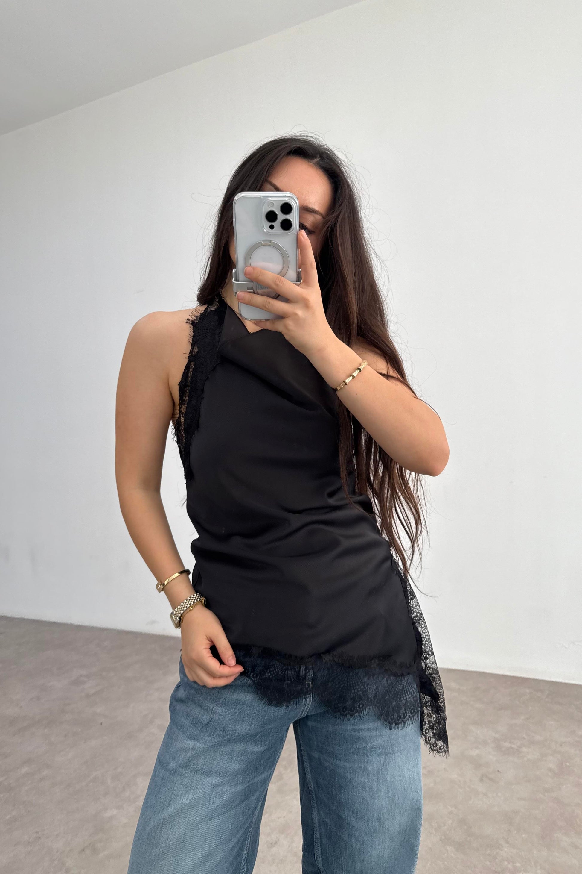 Zra Model Dantelli Şal Yaka Siyah Bluz
