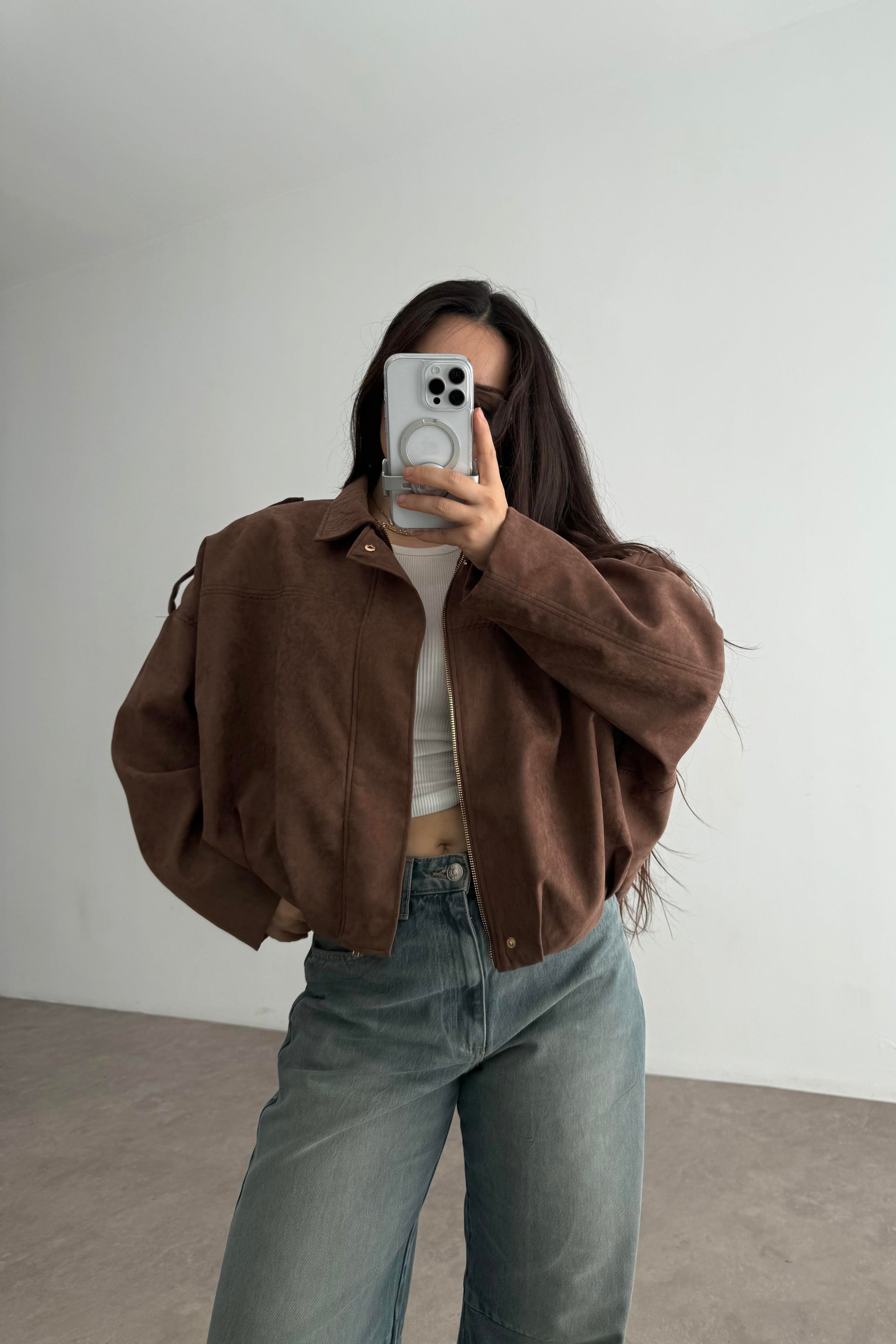 Zra Model Dokulu Süet Chestnut Bomber Ceket