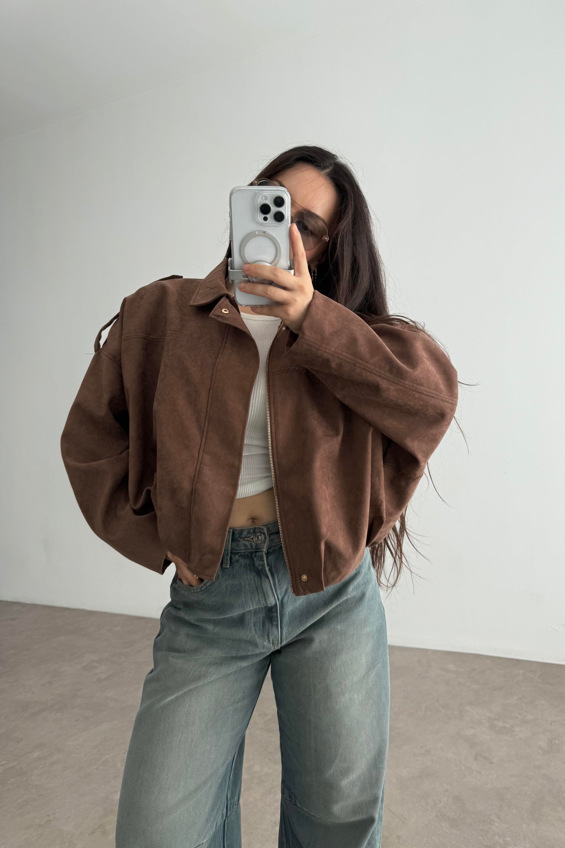 Zra Model Dokulu Süet Chestnut Bomber Ceket