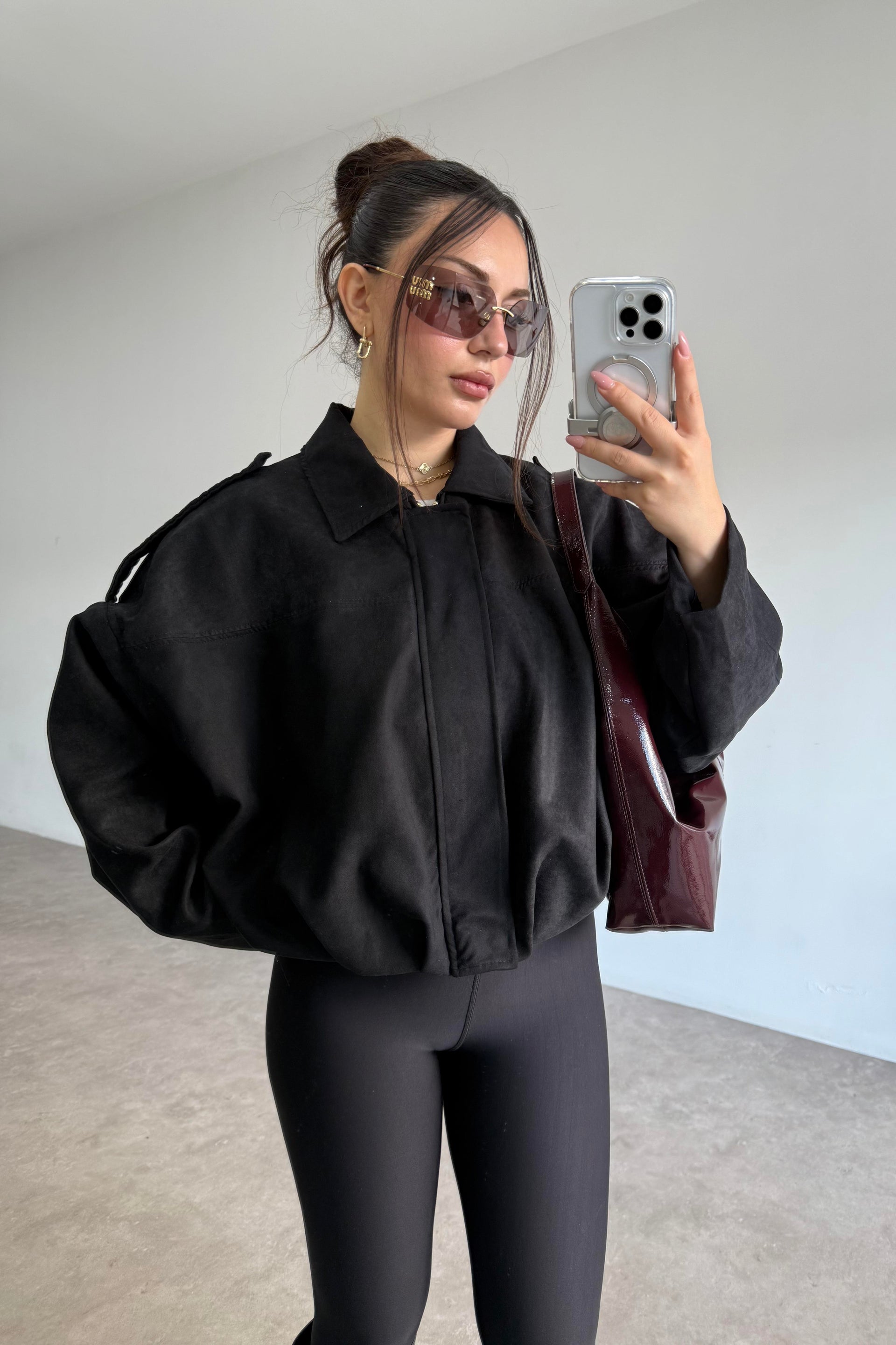 Zra Model Dokulu Süet Siyah Bomber Ceket