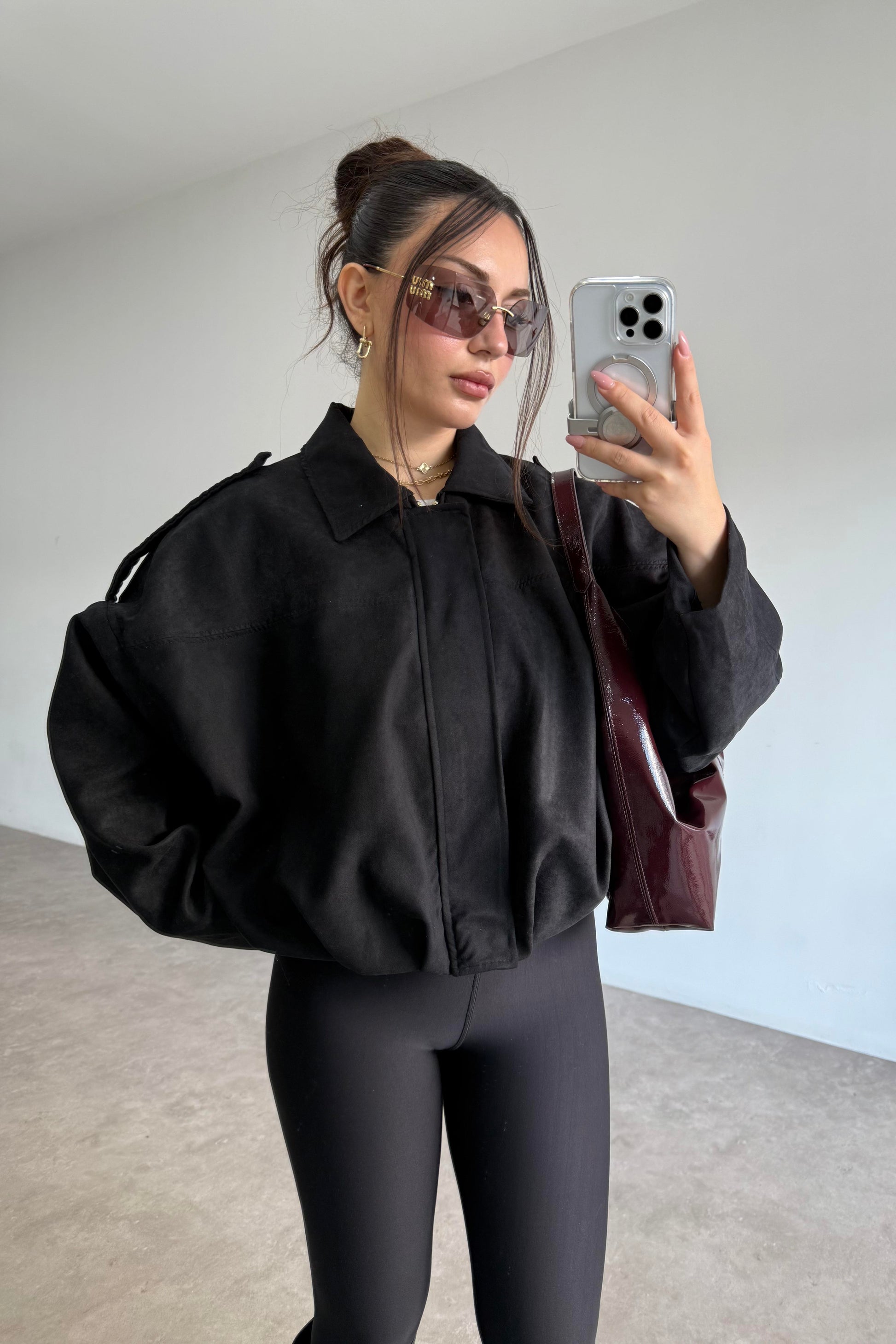 Zra Model Dokulu Süet Siyah Bomber Ceket