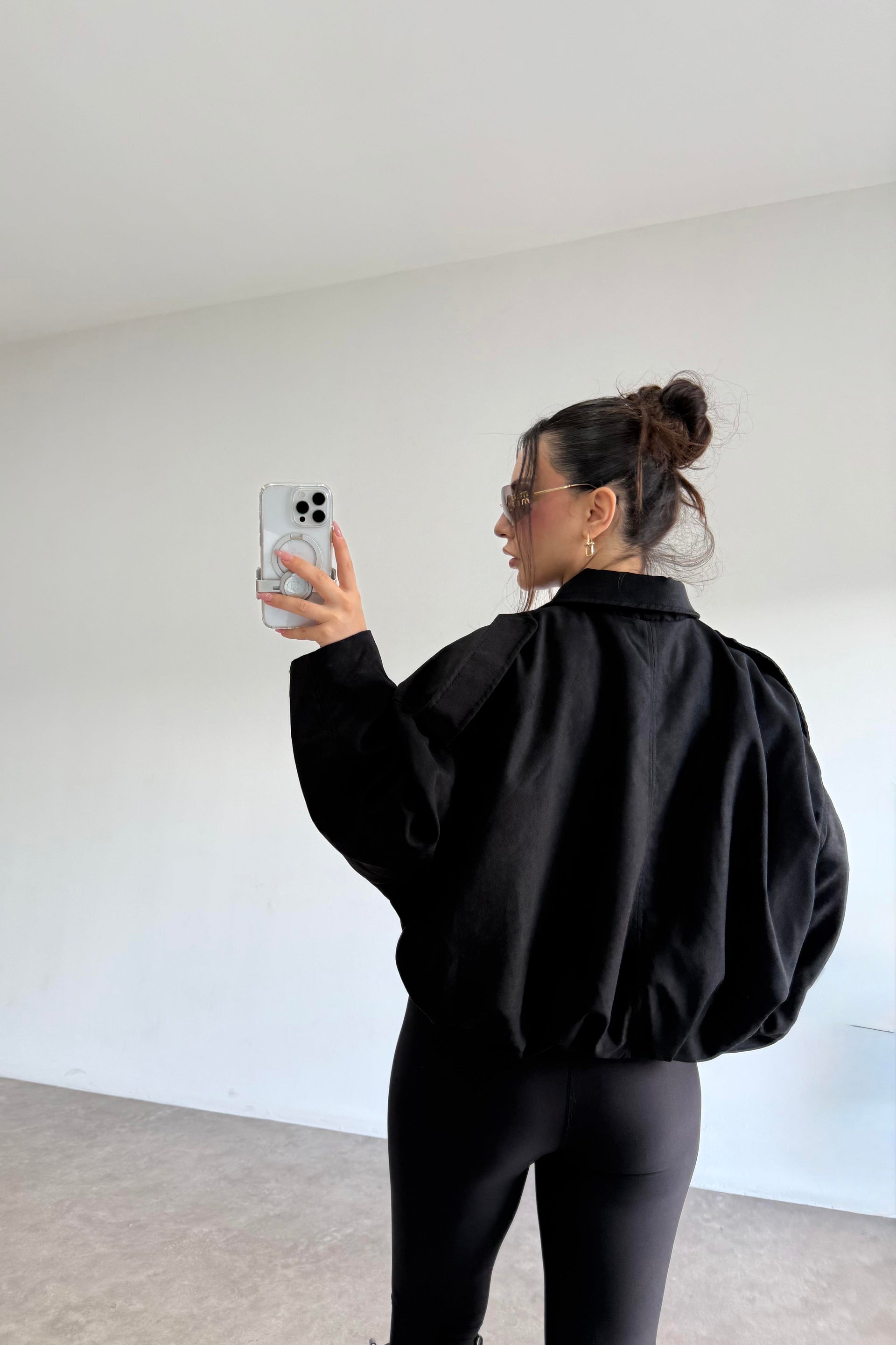 Zra Model Dokulu Süet Siyah Bomber Ceket
