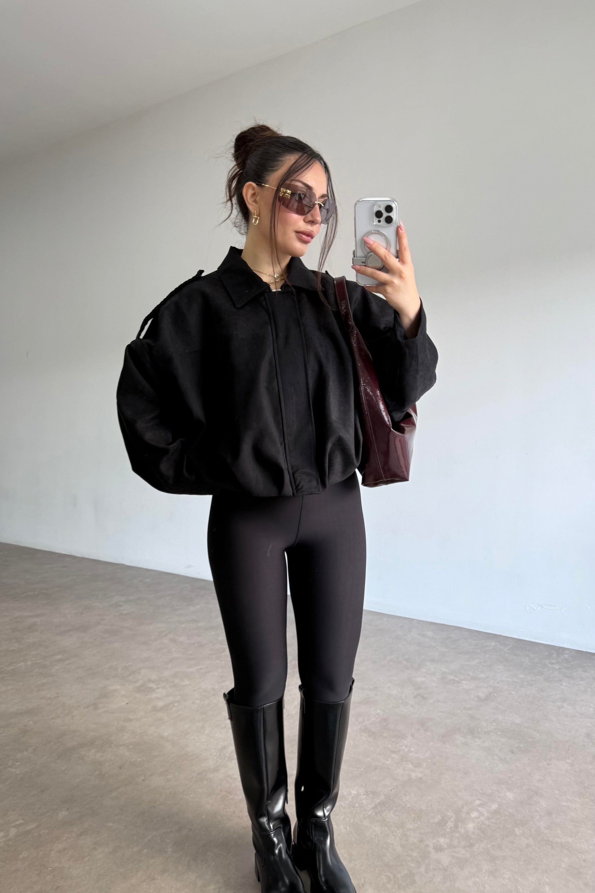 Zra Model Dokulu Süet Siyah Bomber Ceket