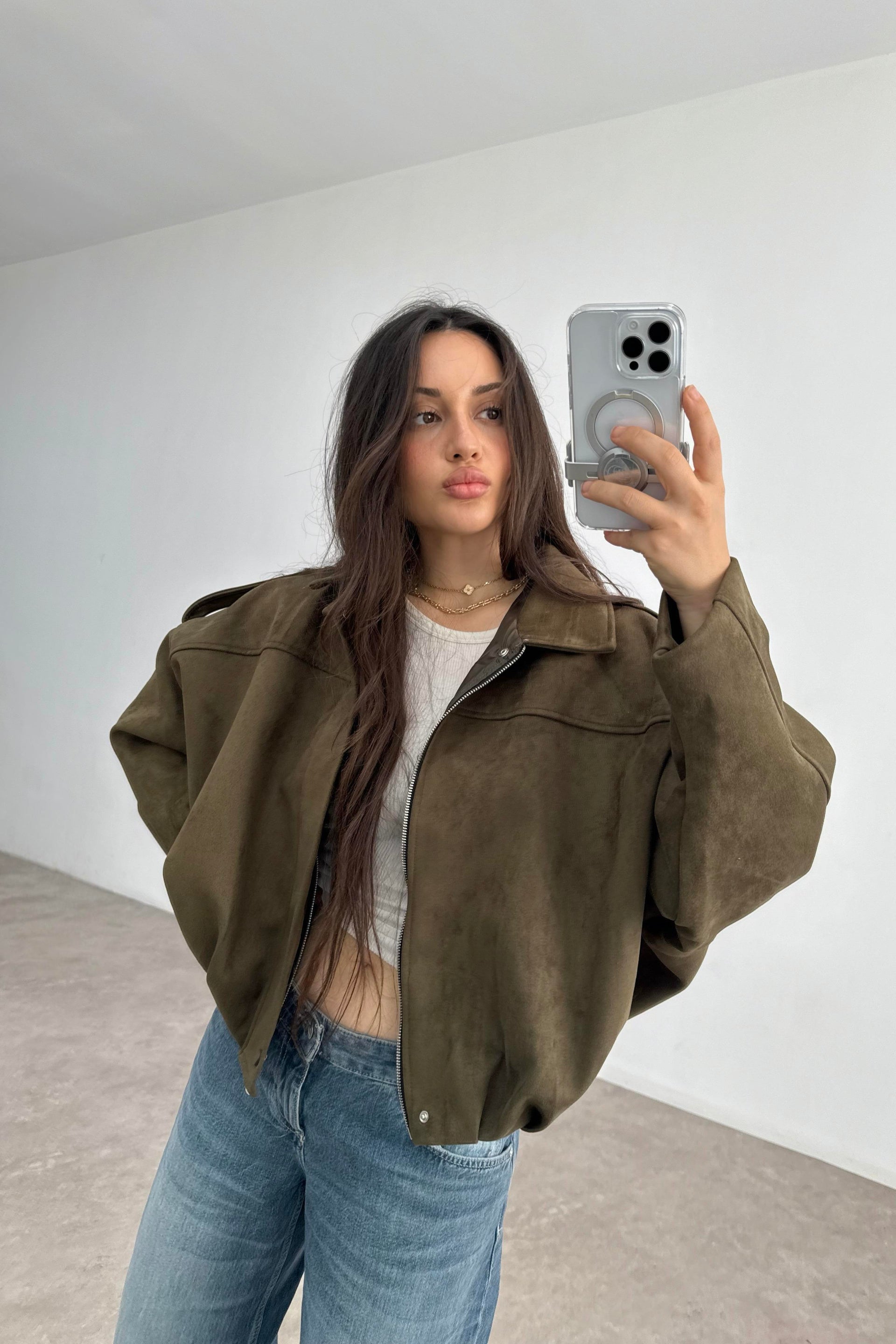 ZRA Model Haki Bomber Süet Ceket