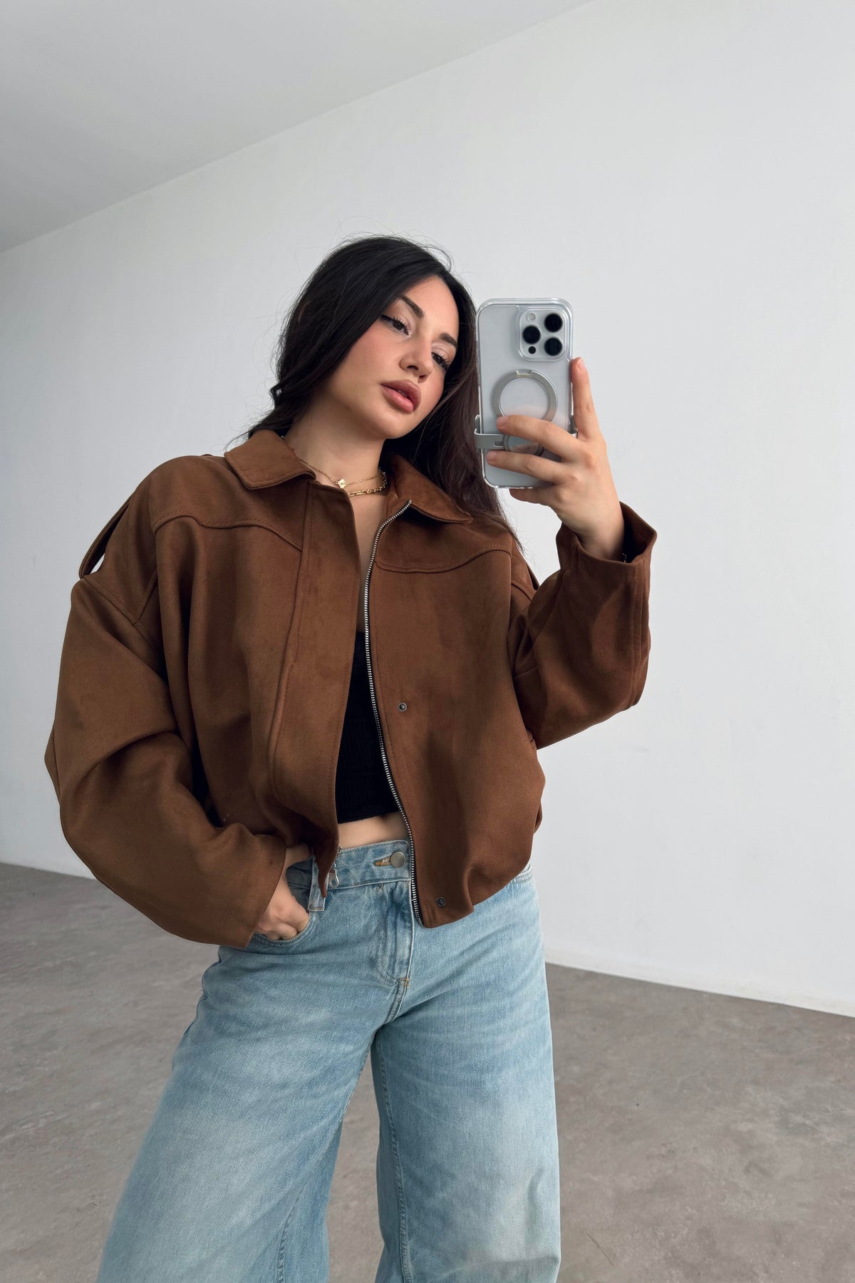 ZRA Model Kahve Bomber Süet Ceket