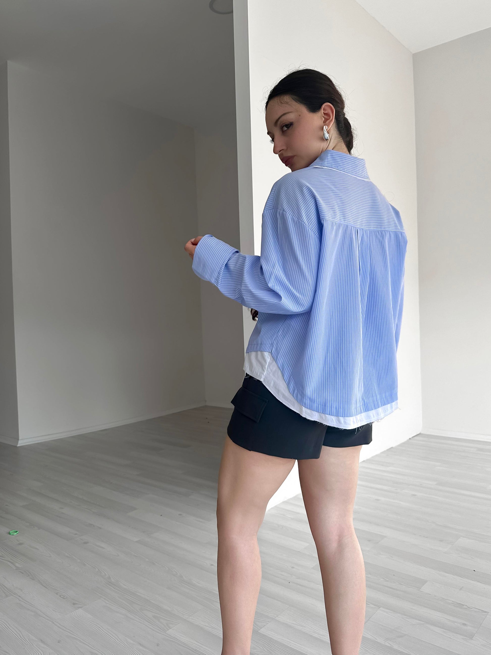 Zra Model Kontrast Çizgili Mavi Gömlek