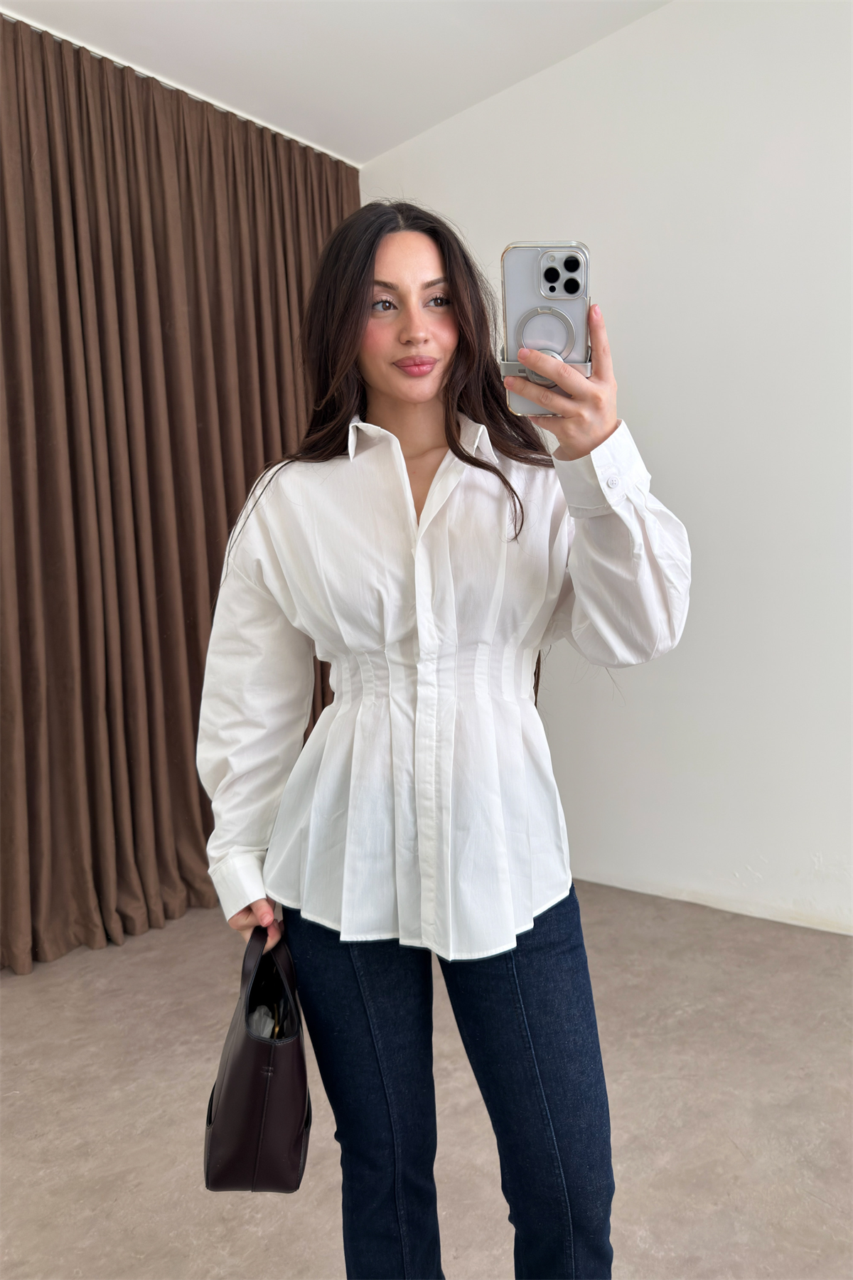 Zra Model Pileli Bel Oturtmalı Beyaz Gömlek