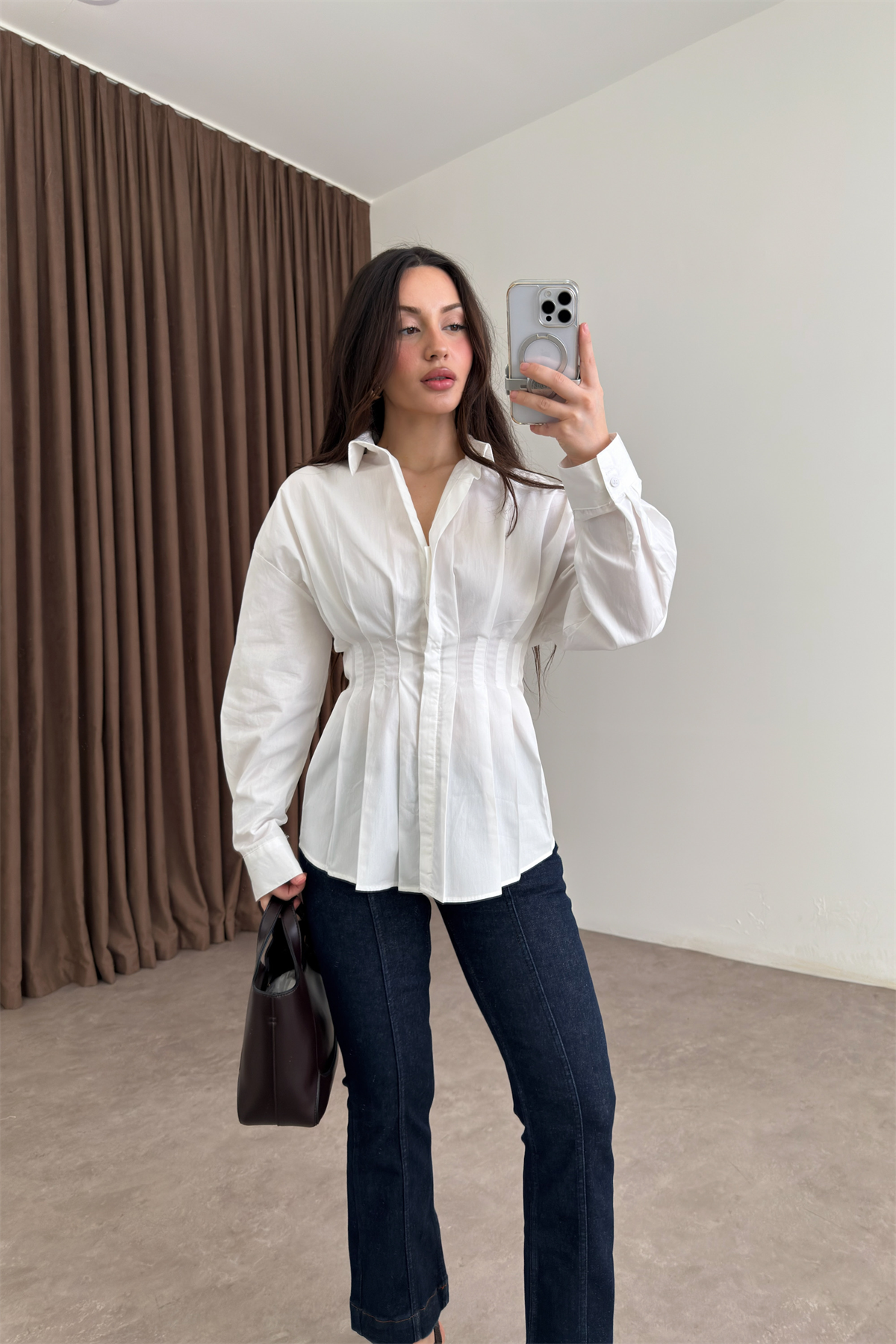 Zra Model Pileli Bel Oturtmalı Beyaz Gömlek