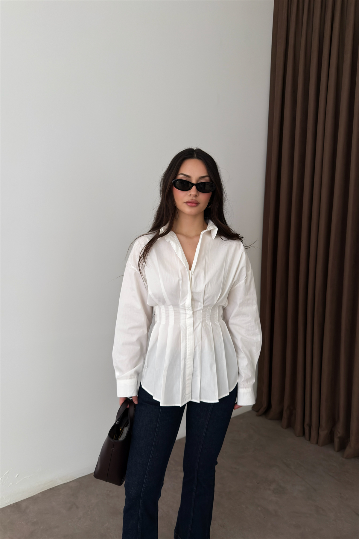 Zra Model Pileli Bel Oturtmalı Beyaz Gömlek