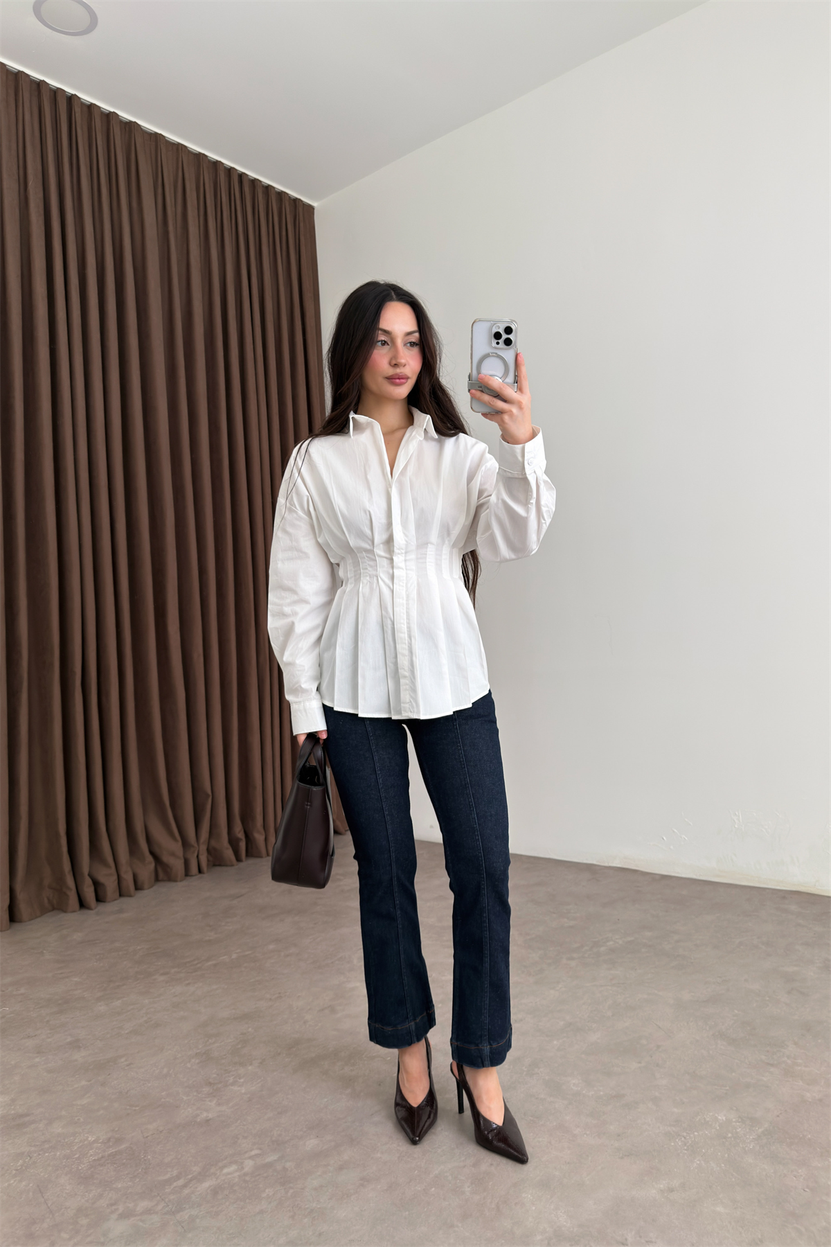 Zra Model Pileli Bel Oturtmalı Beyaz Gömlek