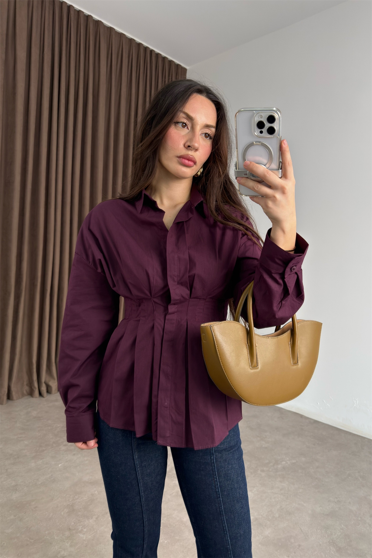 Zra Model Pileli Bel Oturtmalı Bordo Gömlek