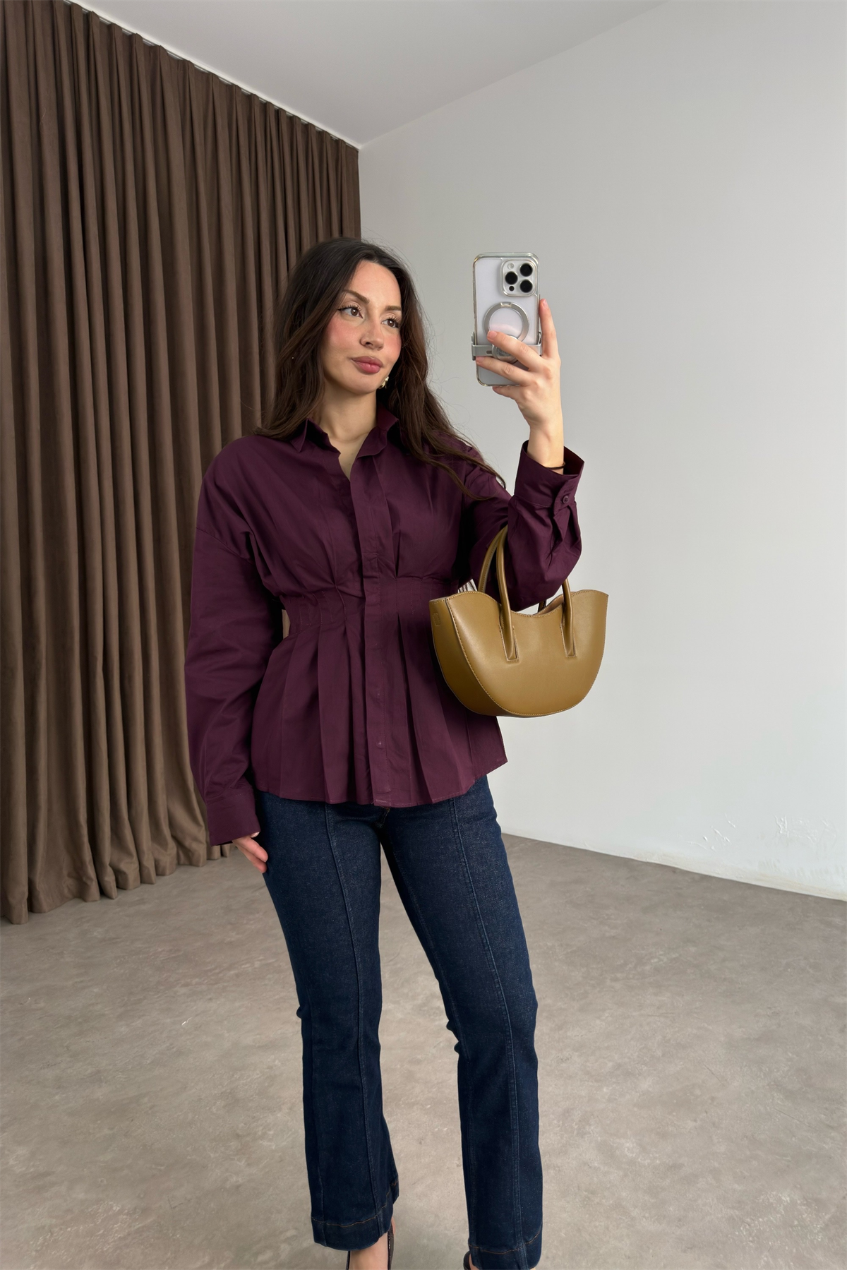 Zra Model Pileli Bel Oturtmalı Bordo Gömlek