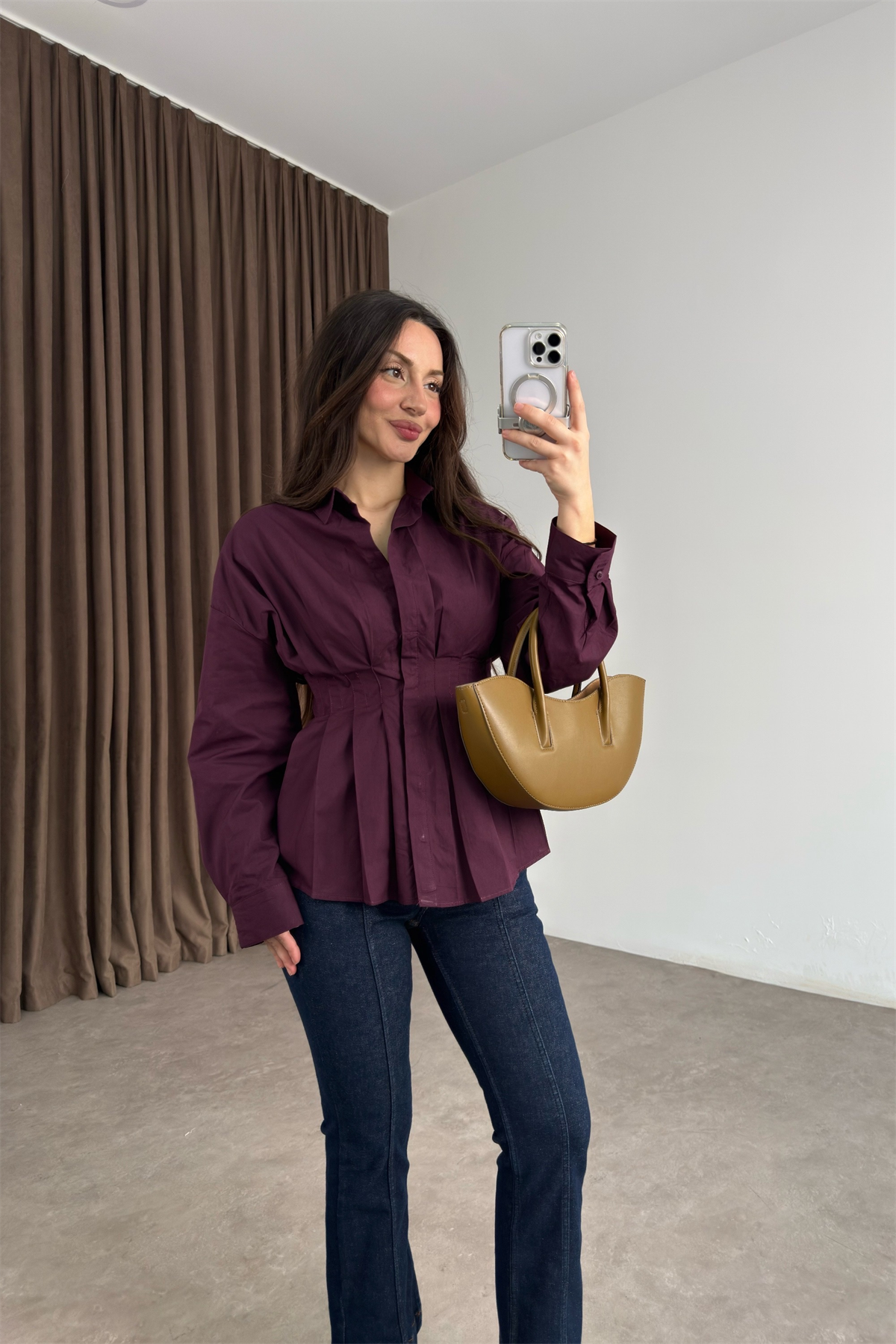 Zra Model Pileli Bel Oturtmalı Bordo Gömlek