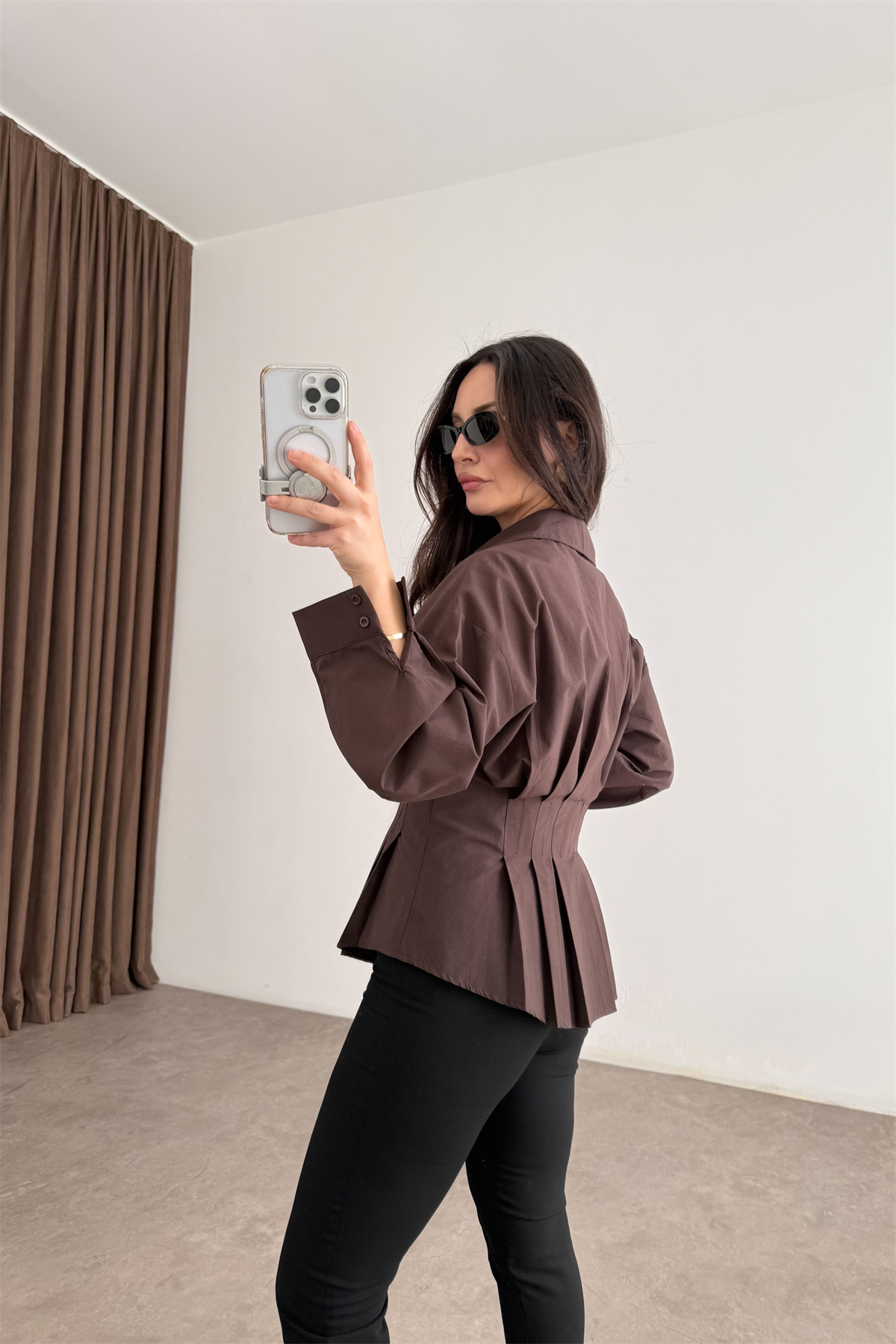 Zra Model Pileli Bel Oturtmalı Kahve Gömlek