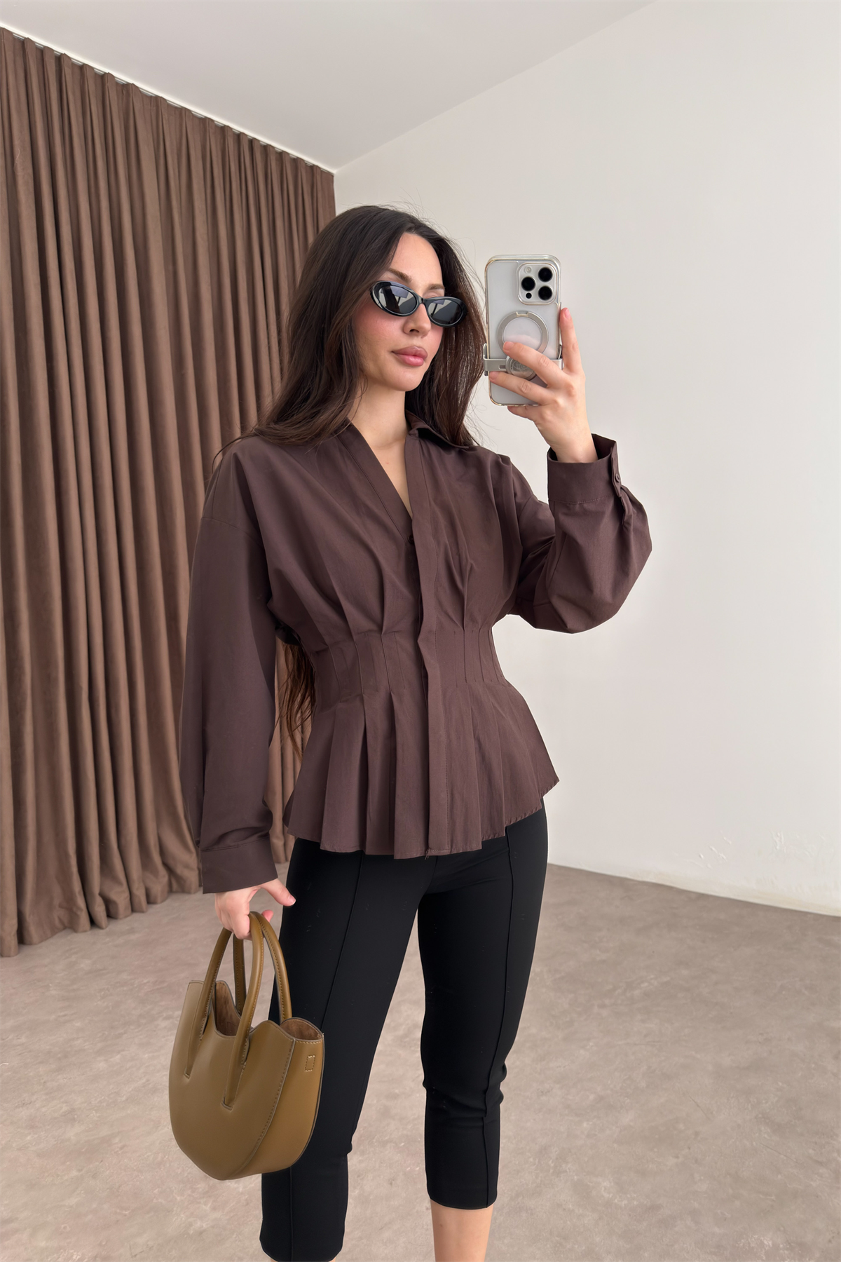 Zra Model Pileli Bel Oturtmalı Kahve Gömlek
