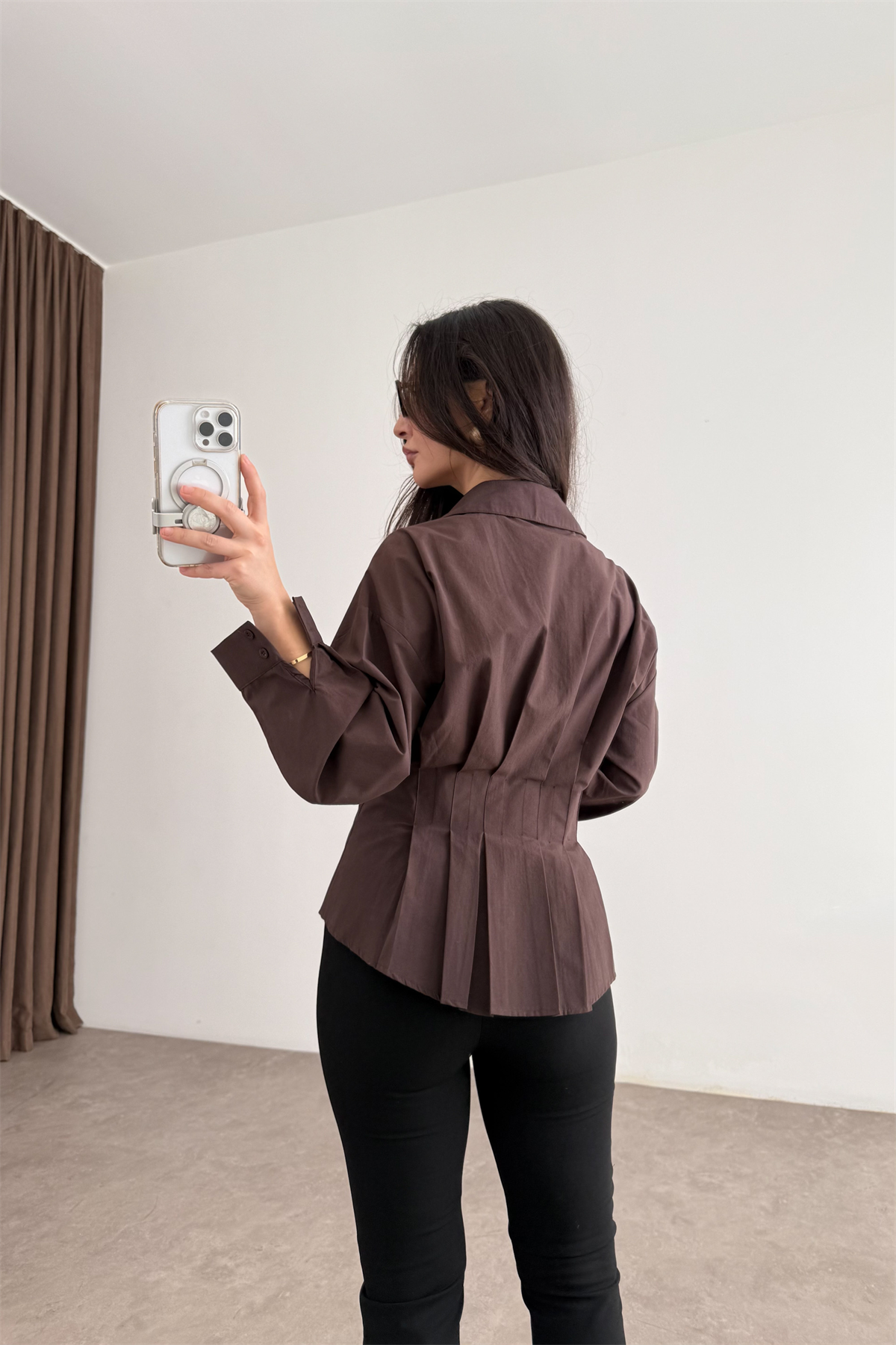 Zra Model Pileli Bel Oturtmalı Kahve Gömlek