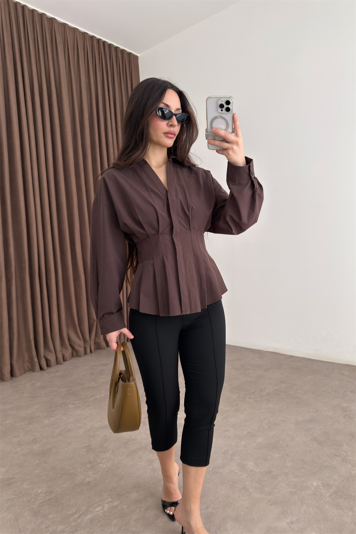 Zra Model Pileli Bel Oturtmalı Kahve Gömlek