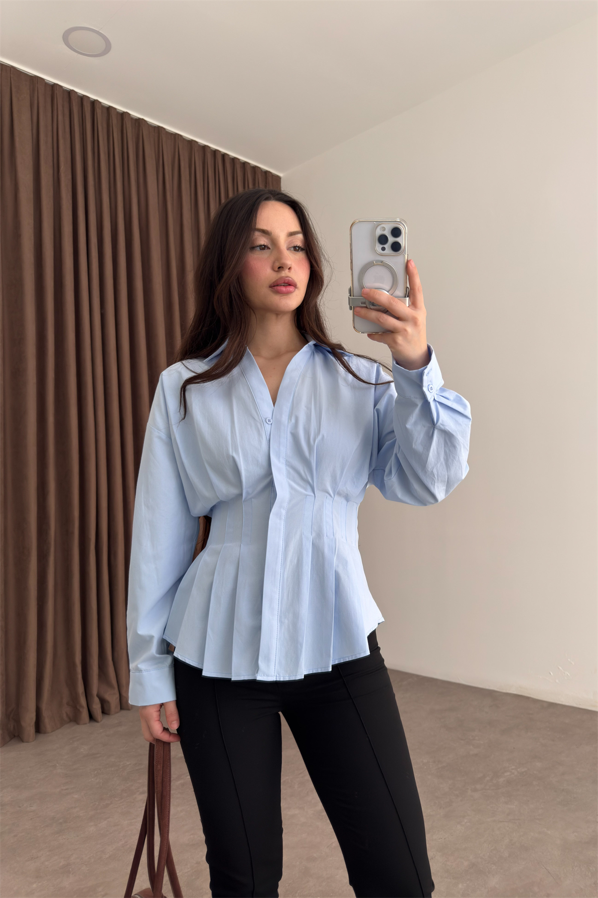 Zra Model Pileli Bel Oturtmalı Mavi Gömlek