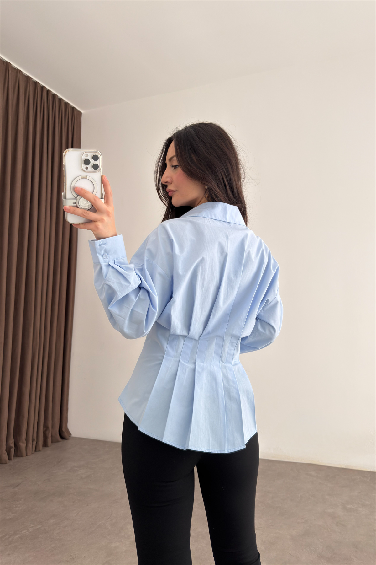 Zra Model Pileli Bel Oturtmalı Mavi Gömlek