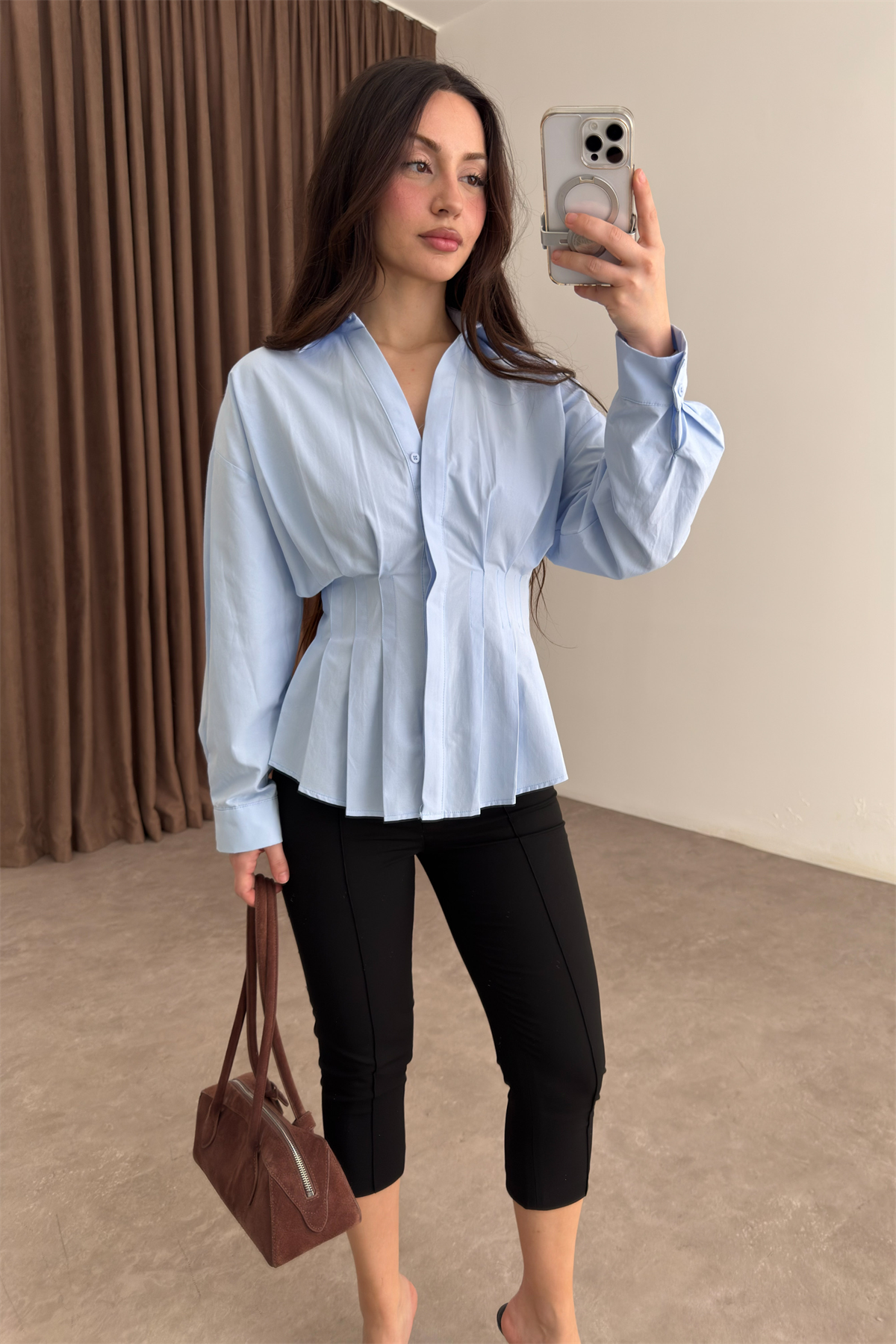 Zra Model Pileli Bel Oturtmalı Mavi Gömlek