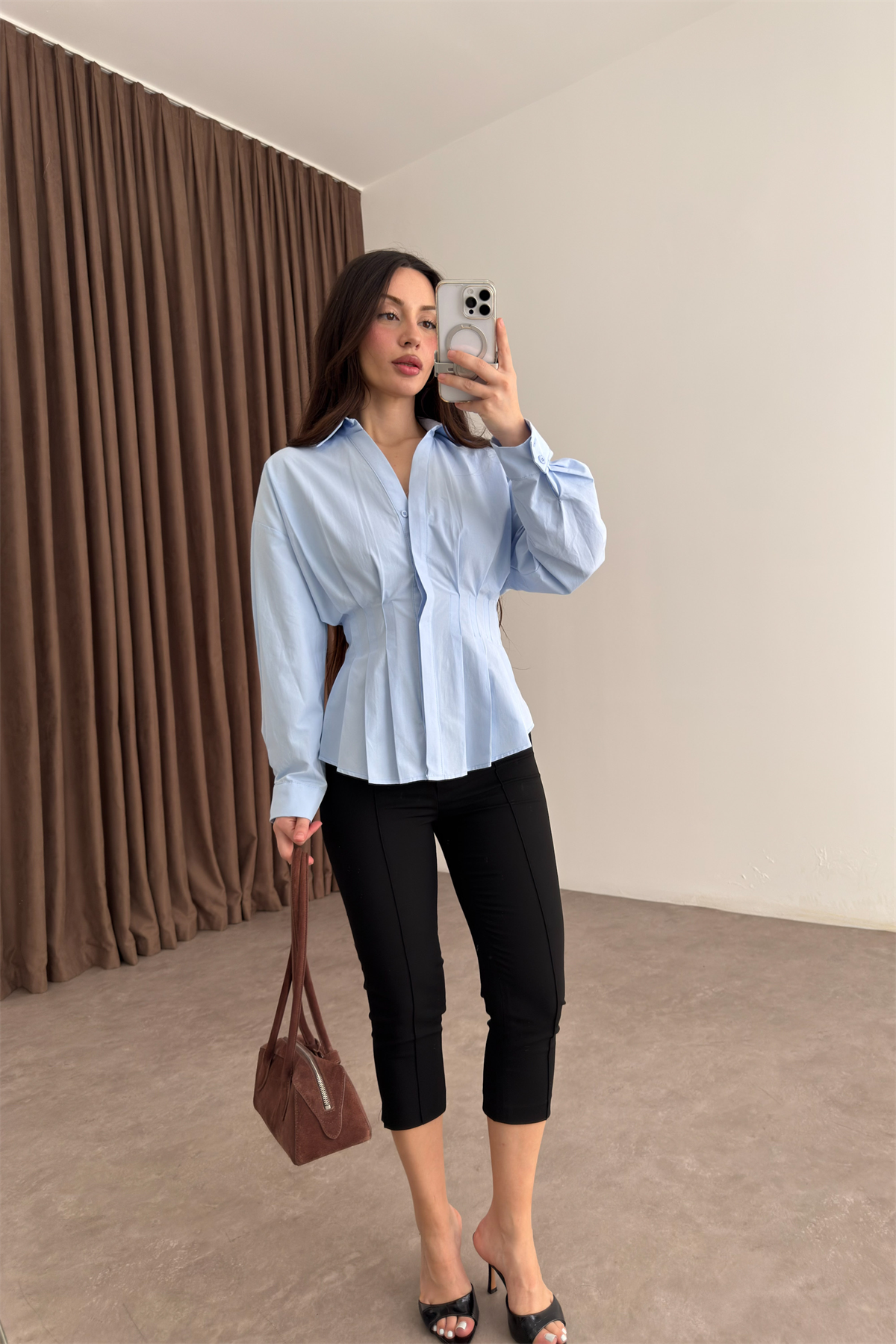 Zra Model Pileli Bel Oturtmalı Mavi Gömlek