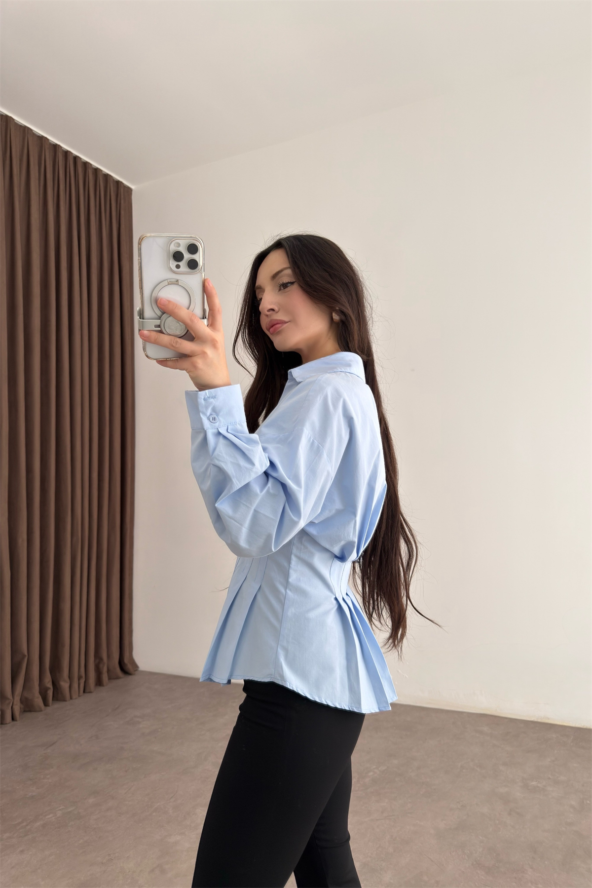 Zra Model Pileli Bel Oturtmalı Mavi Gömlek