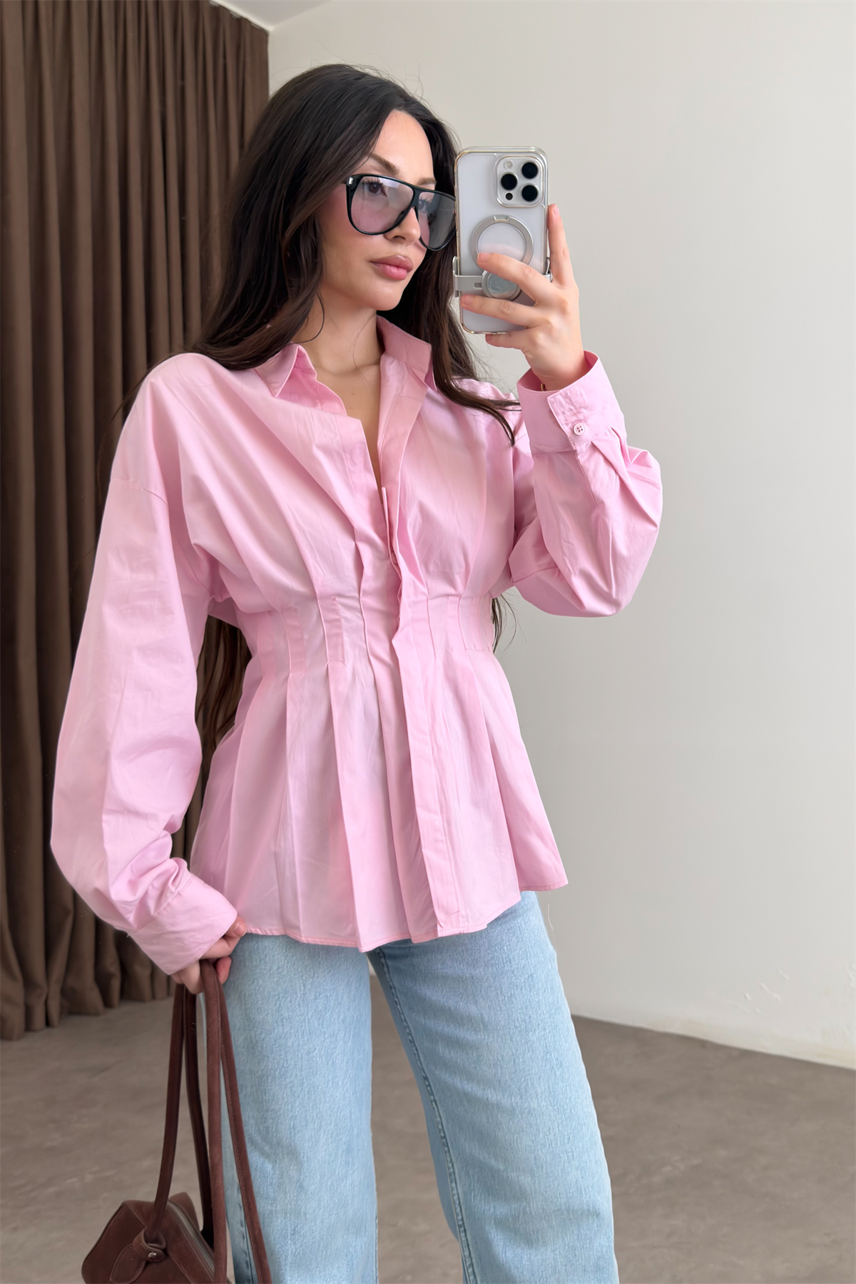 Zra Model Pileli Bel Oturtmalı Pembe Gömlek