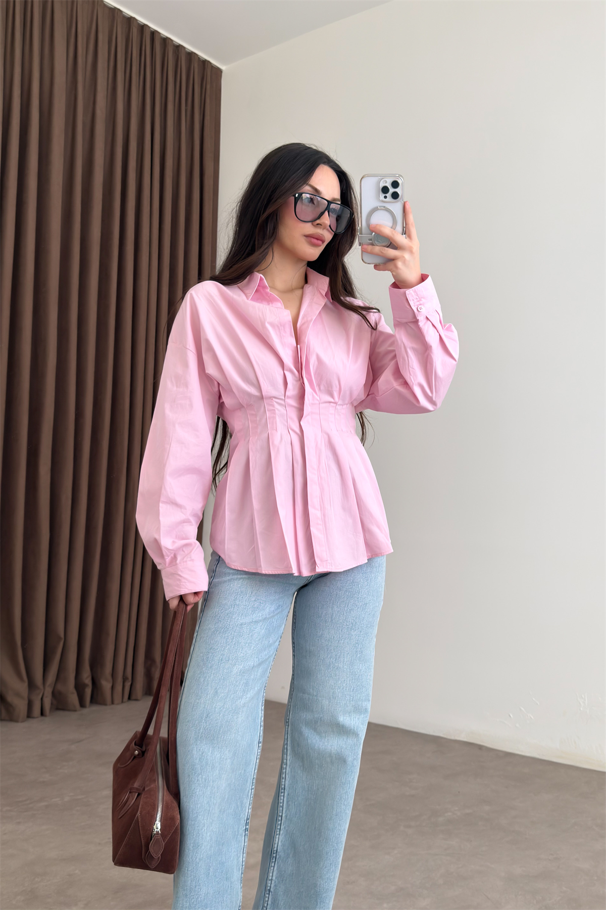 Zra Model Pileli Bel Oturtmalı Pembe Gömlek
