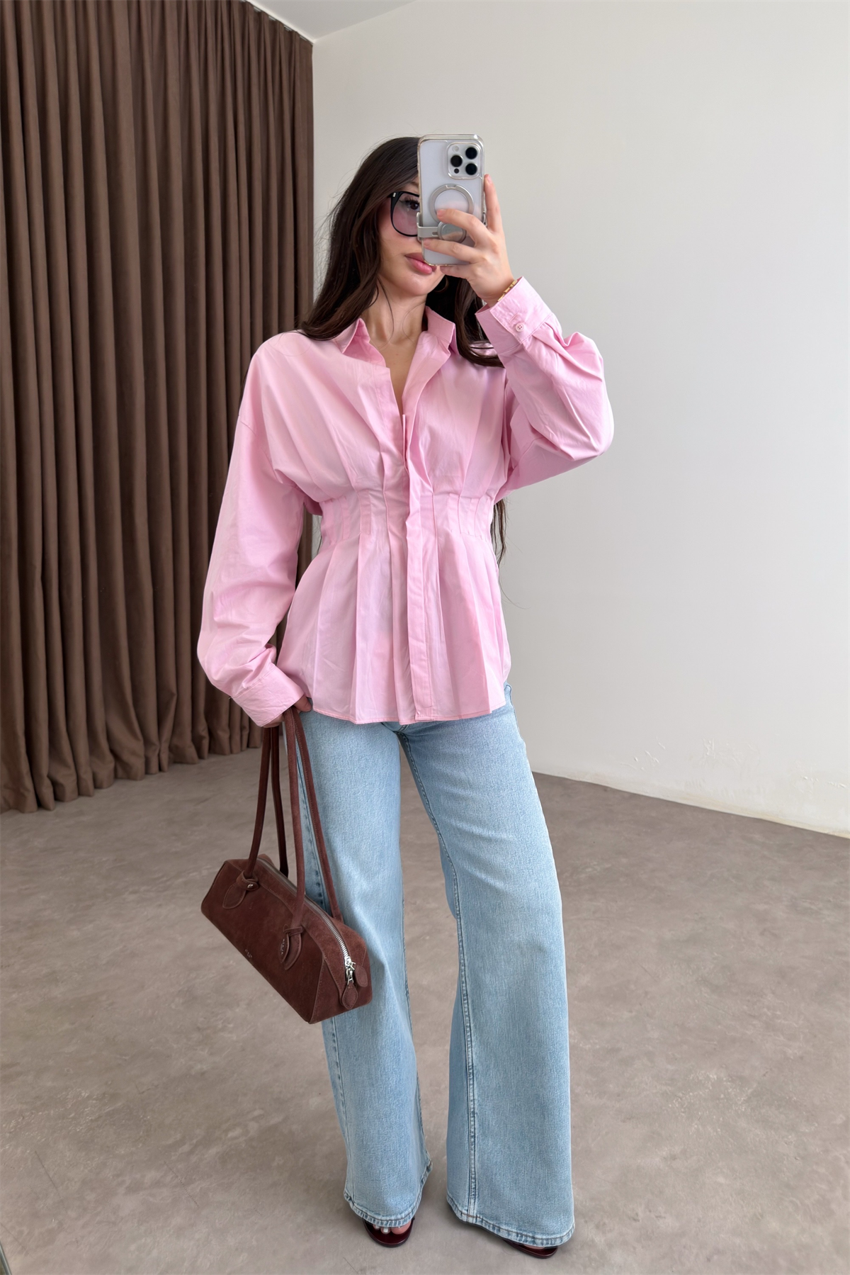 Zra Model Pileli Bel Oturtmalı Pembe Gömlek