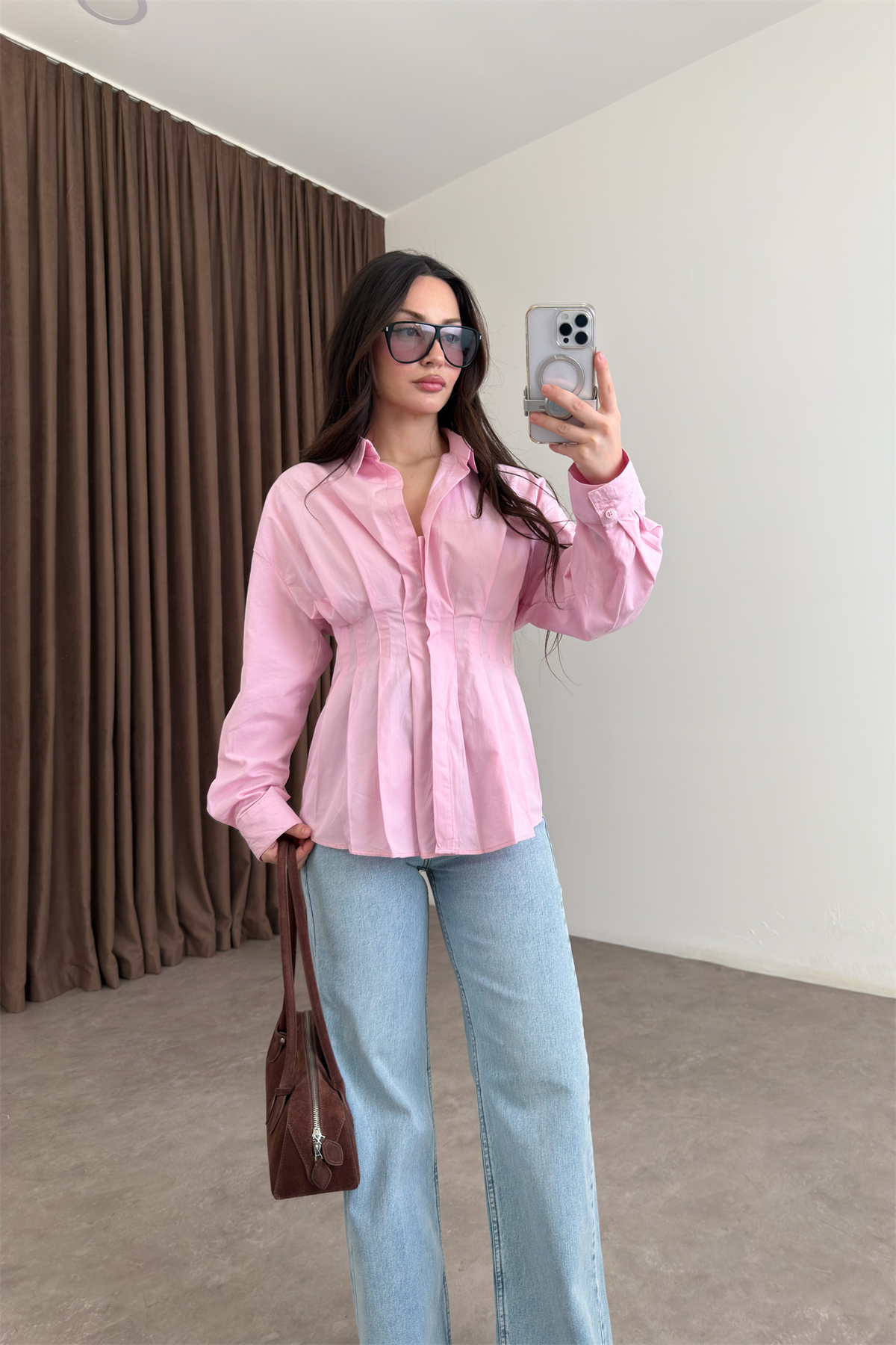 Zra Model Pileli Bel Oturtmalı Pembe Gömlek