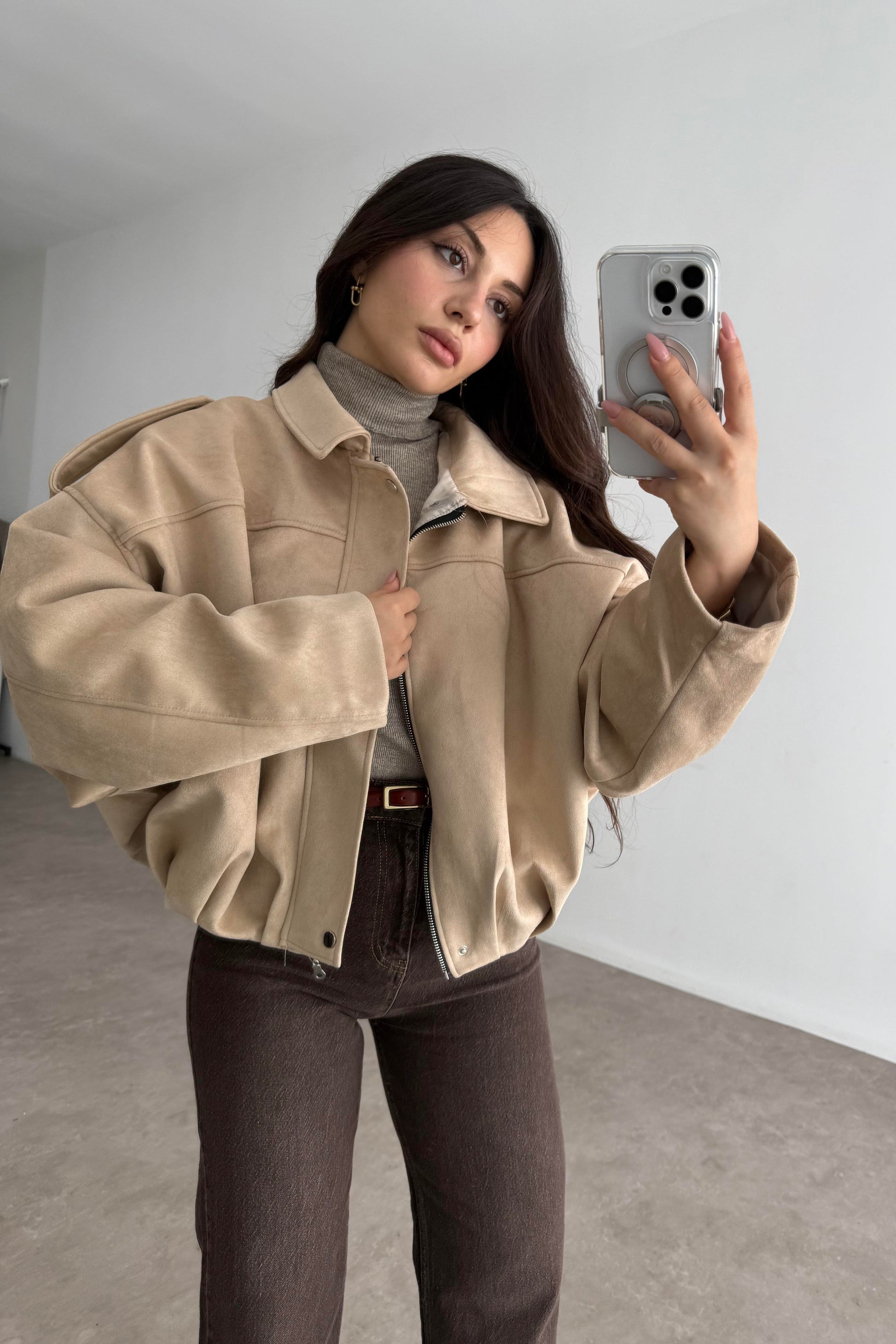 ZRA Model Premium Bej Bomber Süet Ceket