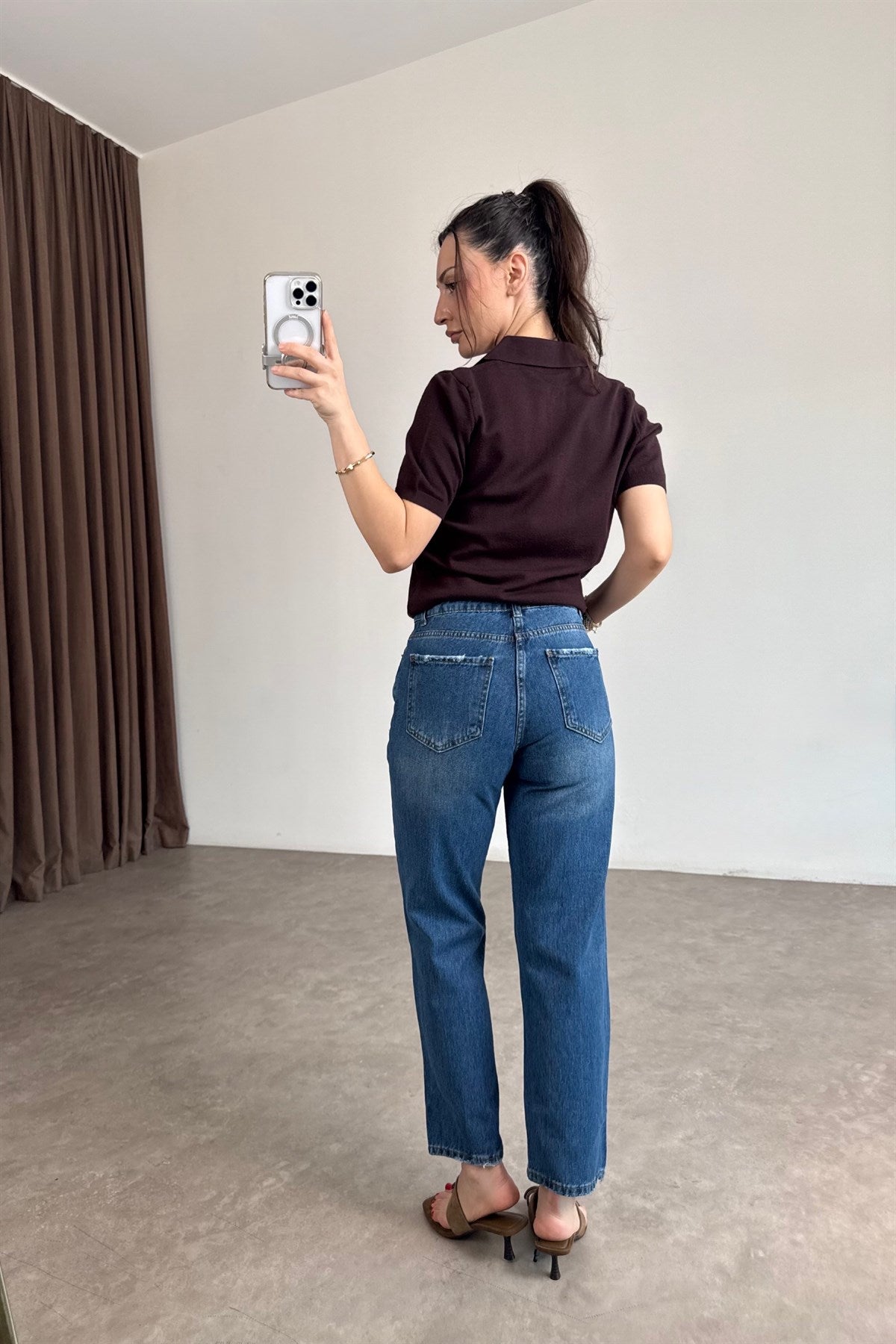 Zra Orijinal Dikişli Paça Mom Orta Mavi Jean