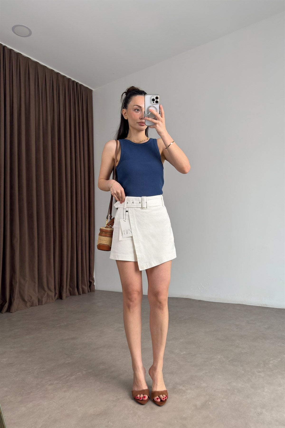 Zra Orijinal Kemerli Ekru Denim Şort Etek