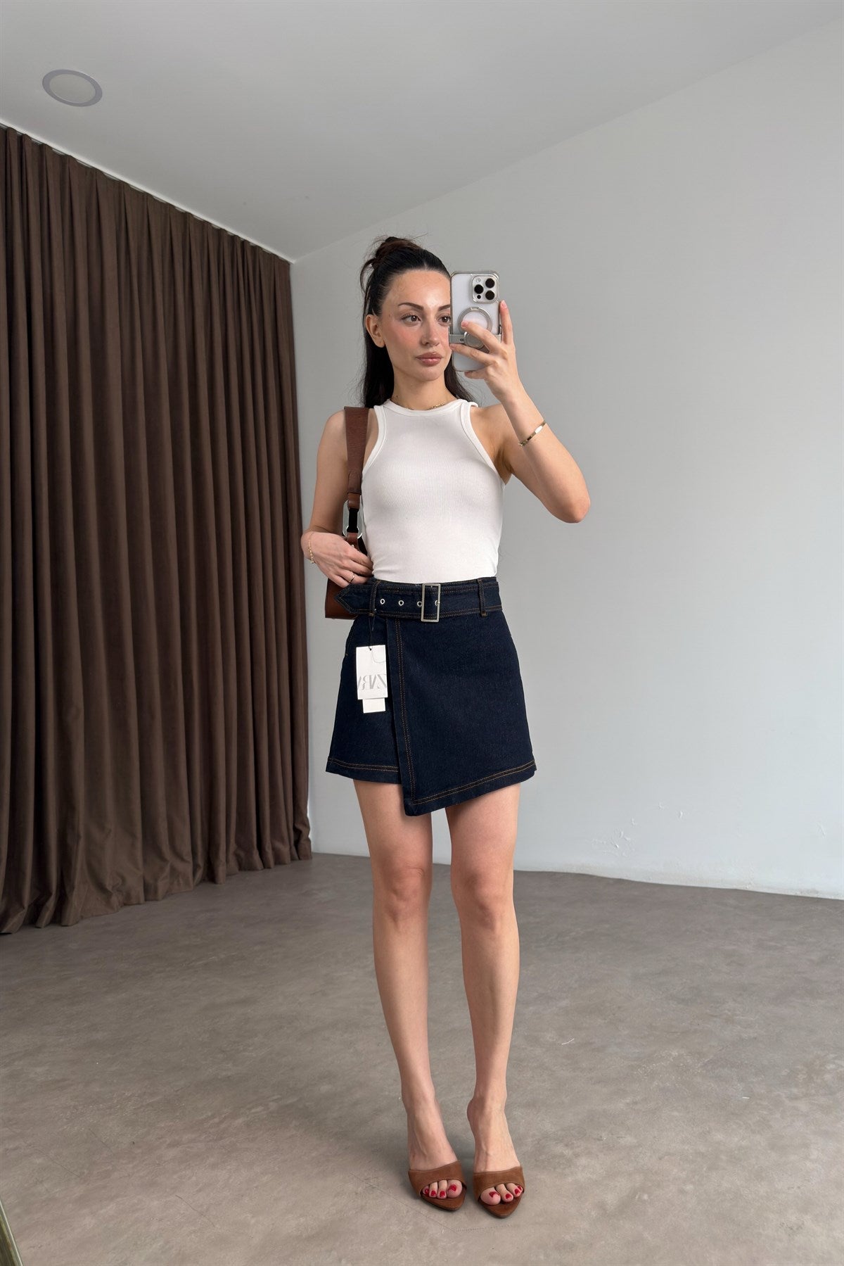 Zra Orijinal Kemerli Lacivert Denim Şort Etek