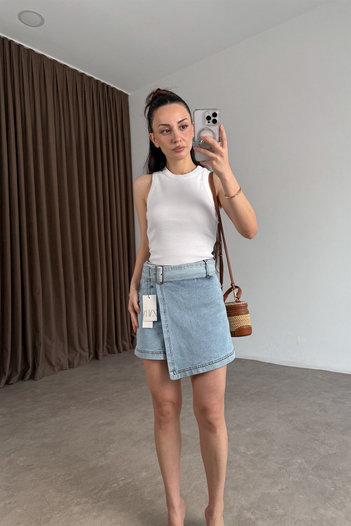 Zra Orijinal Kemerli Light Blue Denim Şort Etek
