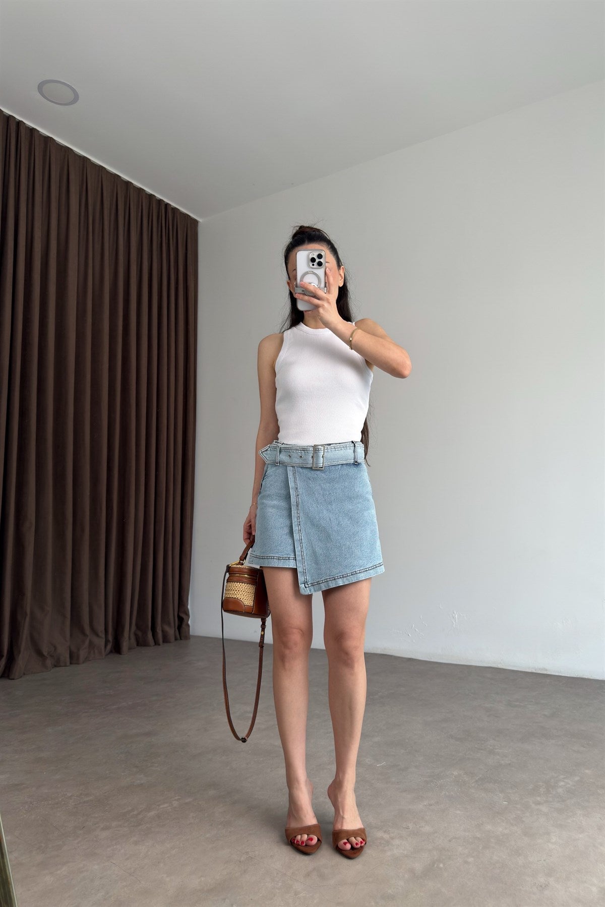Zra Orijinal Kemerli Light Blue Denim Şort Etek