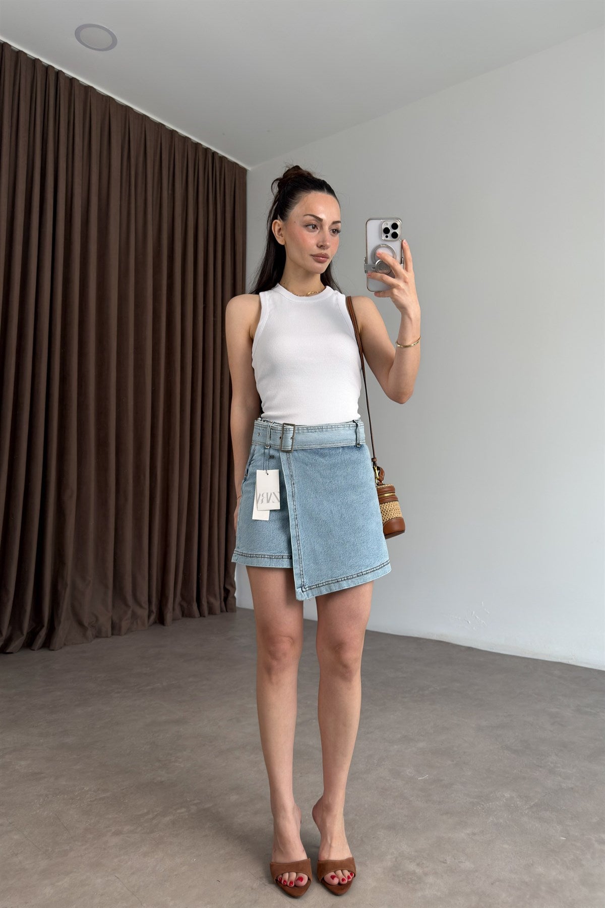Zra Orijinal Kemerli Light Blue Denim Şort Etek