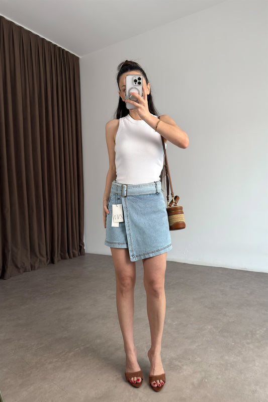 Zra Orijinal Kemerli Light Blue Denim Şort Etek