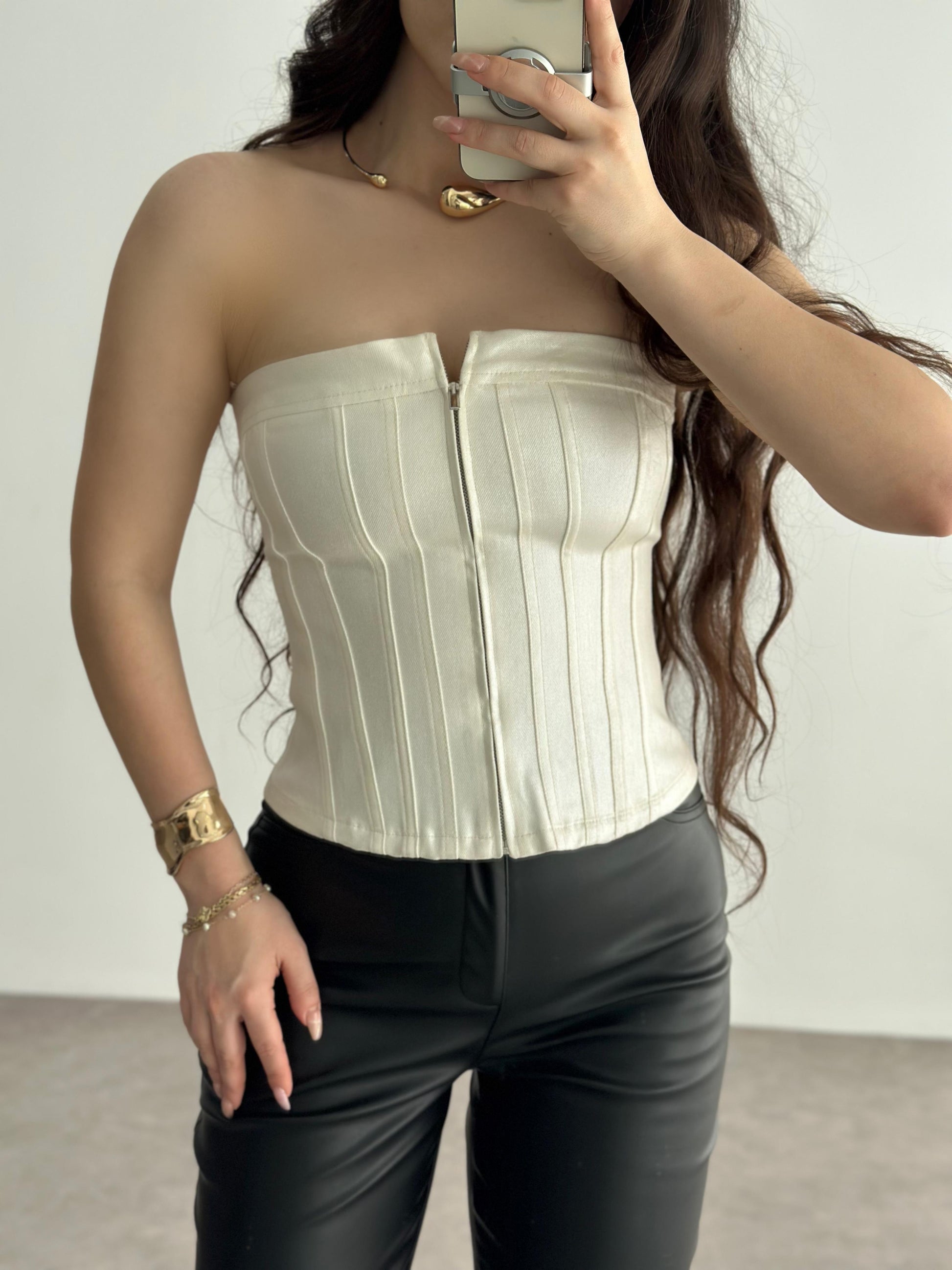 Orijinal Metalik Zr Denim Korse Top