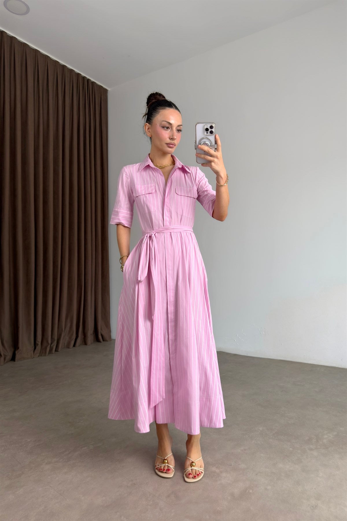 Zra Orijinal Pembe Çizgili Uzun Gömlek Elbise